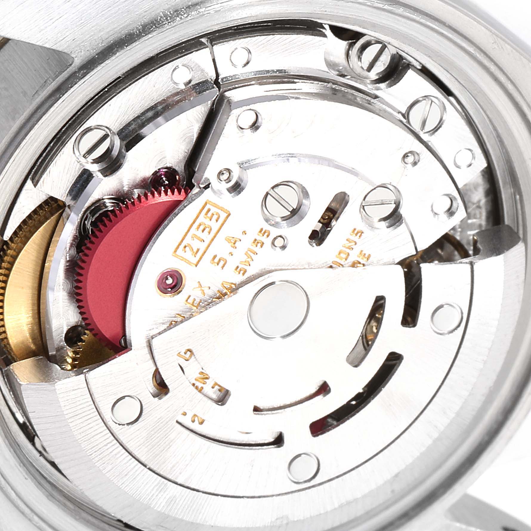 The image shows a close-up view of the movement mechanism of a Rolex Datejust 69173  Women
s Steel and Gold (two tone) Champagne Dial 69173  Women
s Steel and Gold (two tone) Champagne Dial watch.