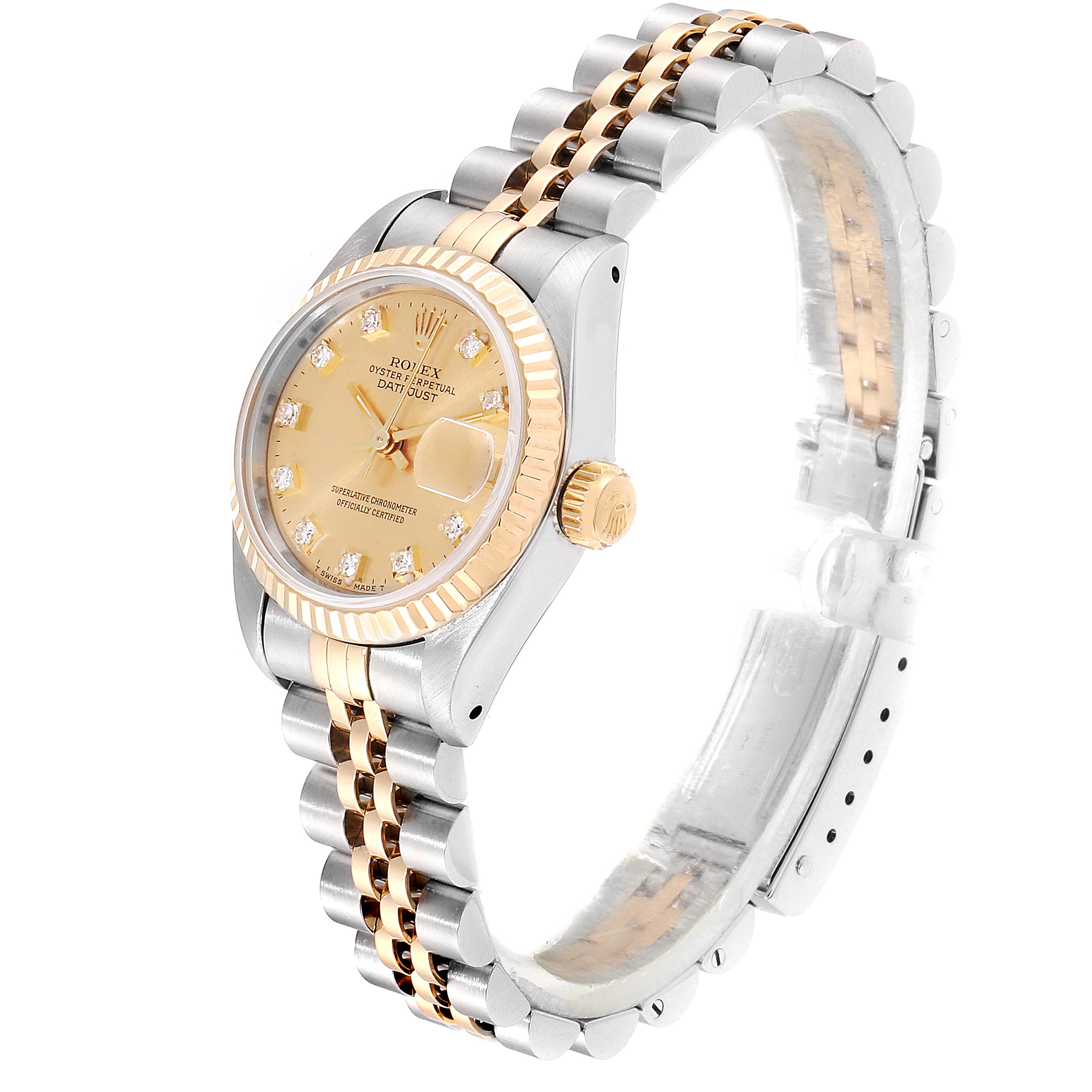 The Rolex Datejust 69173  Women
s Steel and Gold (two tone) Champagne Dial 69173  Women
s Steel and Gold (two tone) Champagne Dial watch is shown at an angle highlighting its face, bezel, crown, and bracelet.