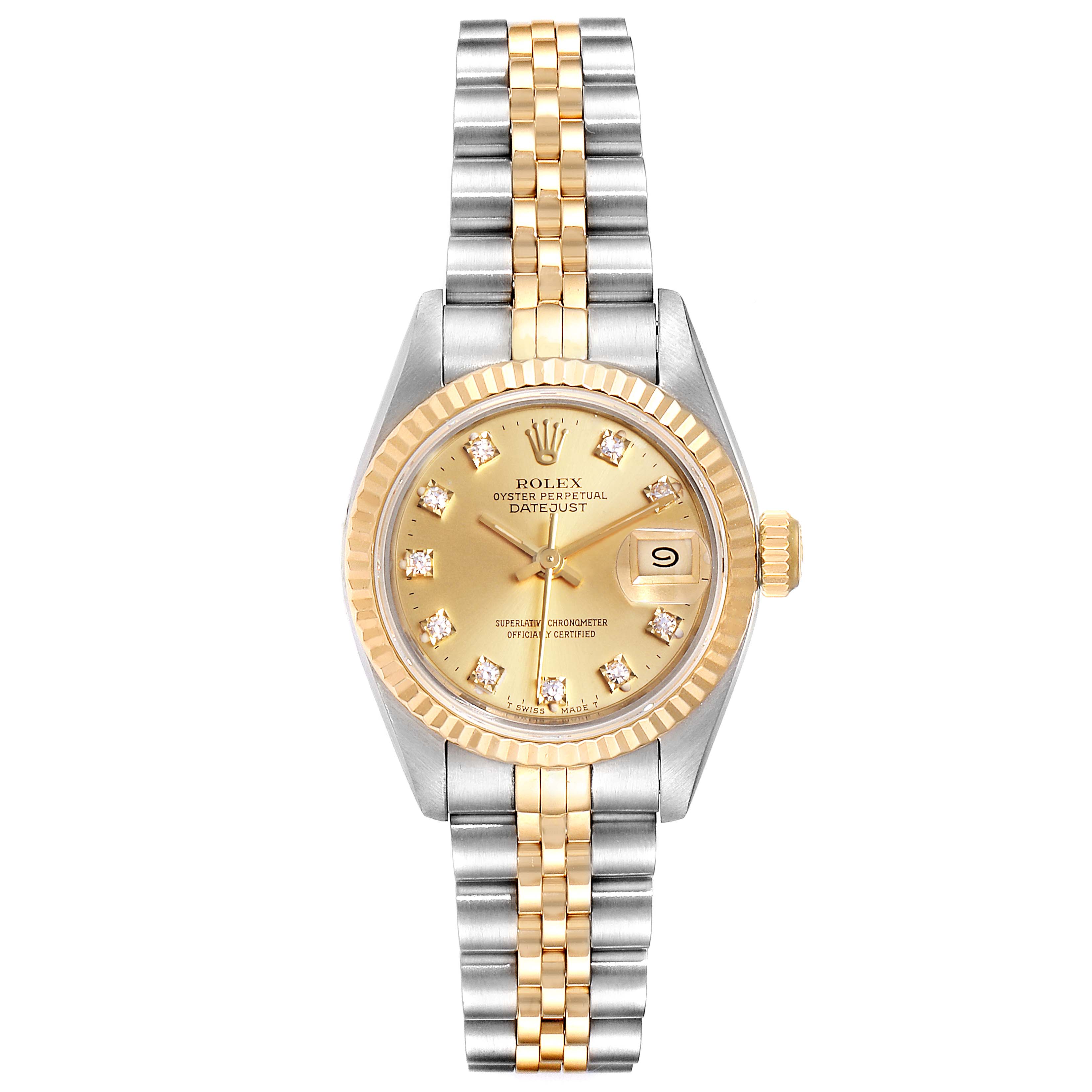 The image shows a front view of a Rolex Datejust 69173  Women
s Steel and Gold (two tone) Champagne Dial 69173  Women
s Steel and Gold (two tone) Champagne Dial watch with a gold and silver bracelet.