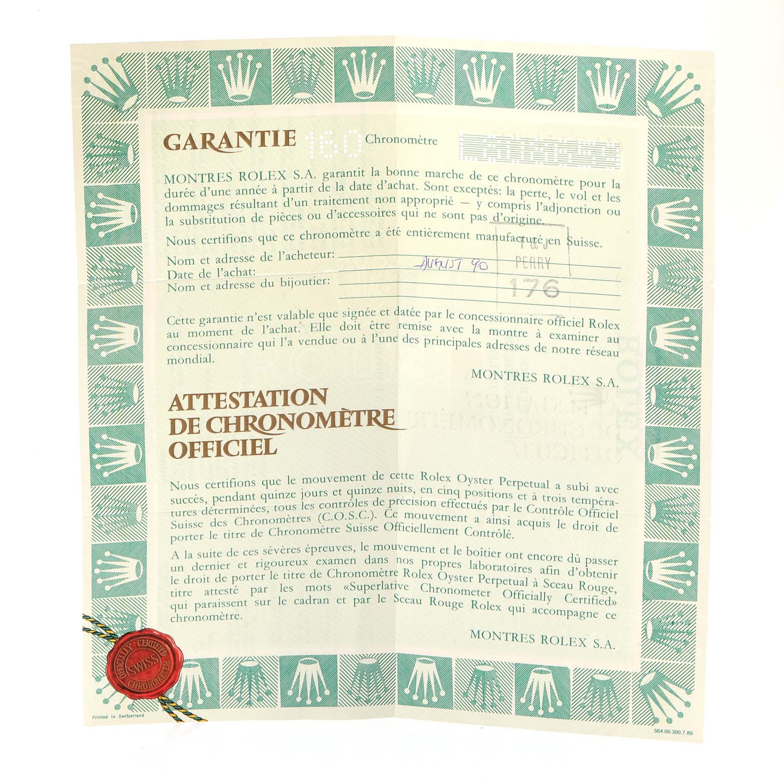 This is a guarantee and official chronometer certificate document for a Rolex Datejust 69173  Women
s Steel and Gold (two tone) Champagne Dial 69173  Women
s Steel and Gold (two tone) Champagne Dial watch.