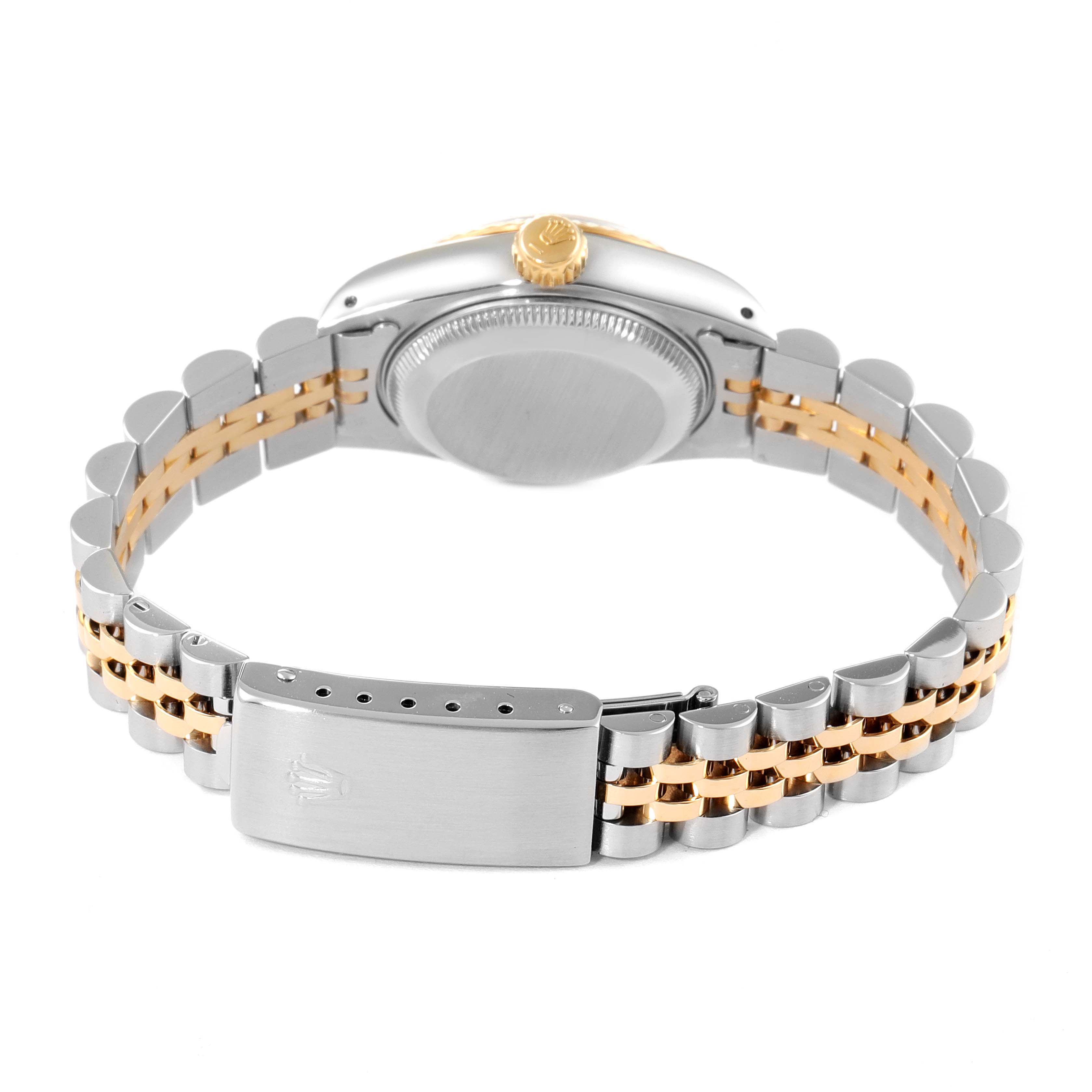 This image shows the back of the Rolex Datejust 69173 Women
s Steel and Gold (two tone) Champagne Dial 69173 Women
s Steel and Gold (two tone) Champagne Dial watch, highlighting its bracelet and clasp.