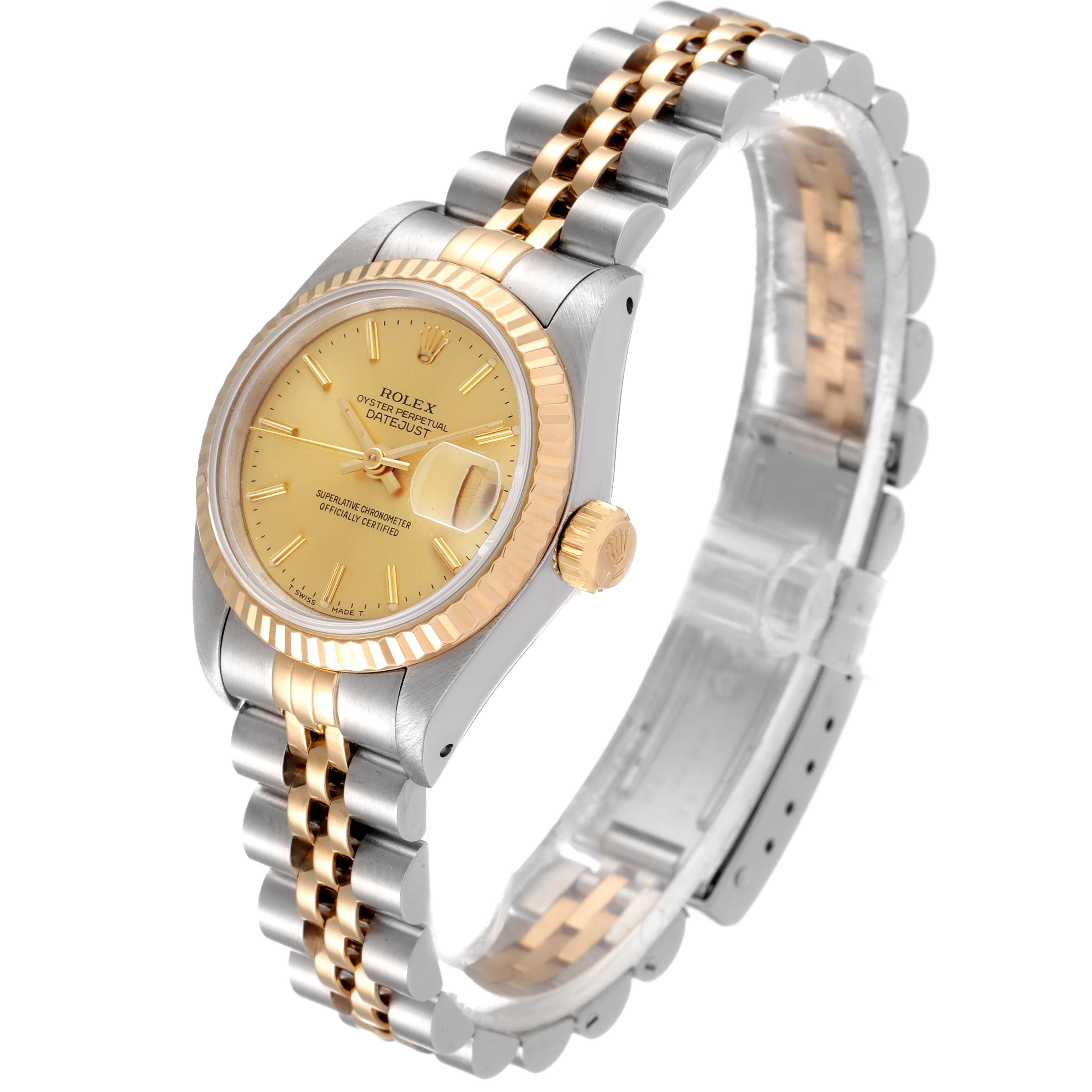 The image shows a Rolex Datejust 69173 Women
s Steel and Gold (two tone) Champagne Dial 69173 Women
s Steel and Gold (two tone) Champagne Dial watch at a slight side angle, highlighting the dial, bezel, crown, and bracelet.