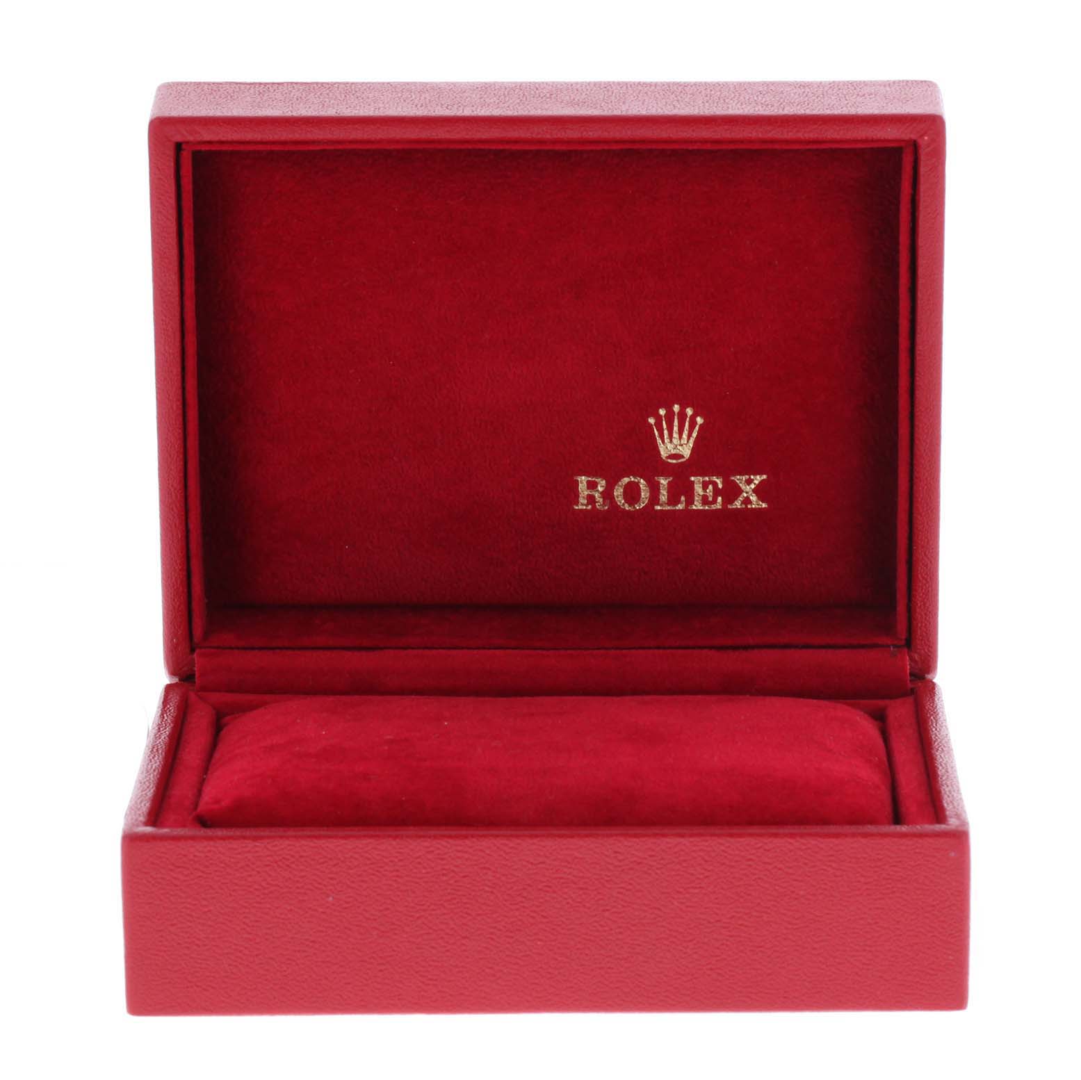 The image shows an open Rolex Datejust 69173 Women
s Steel and Gold (two tone) Champagne Dial 69173 Women
s Steel and Gold (two tone) Champagne Dial watch box featuring red interior lining and the Rolex logo on the inner lid.