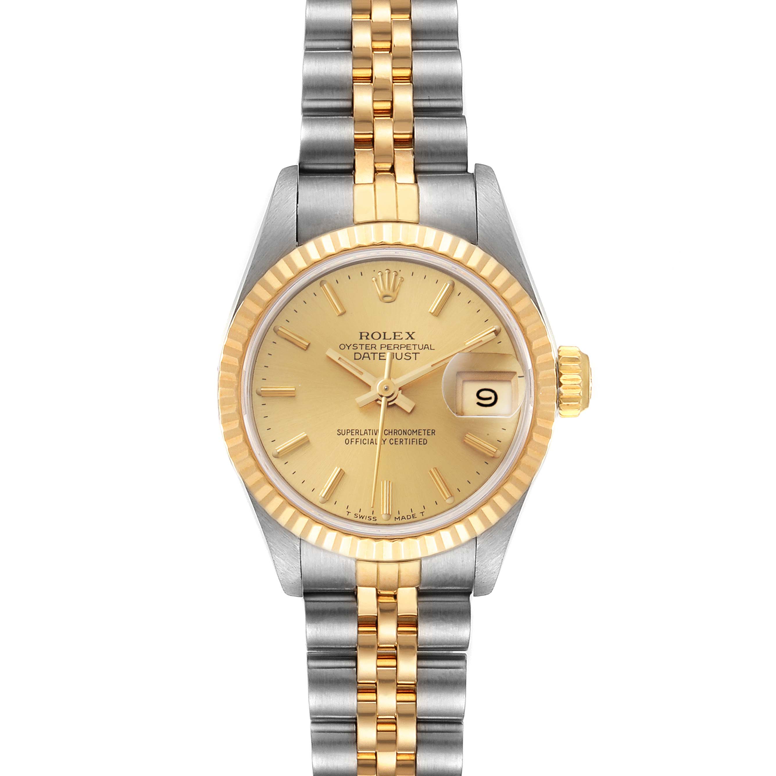 The Rolex Datejust 69173 Women
s Steel and Gold (two tone) Champagne Dial 69173 Women
s Steel and Gold (two tone) Champagne Dial watch is shown from a front angle, displaying the dial, bezel, crown, and bracelet.