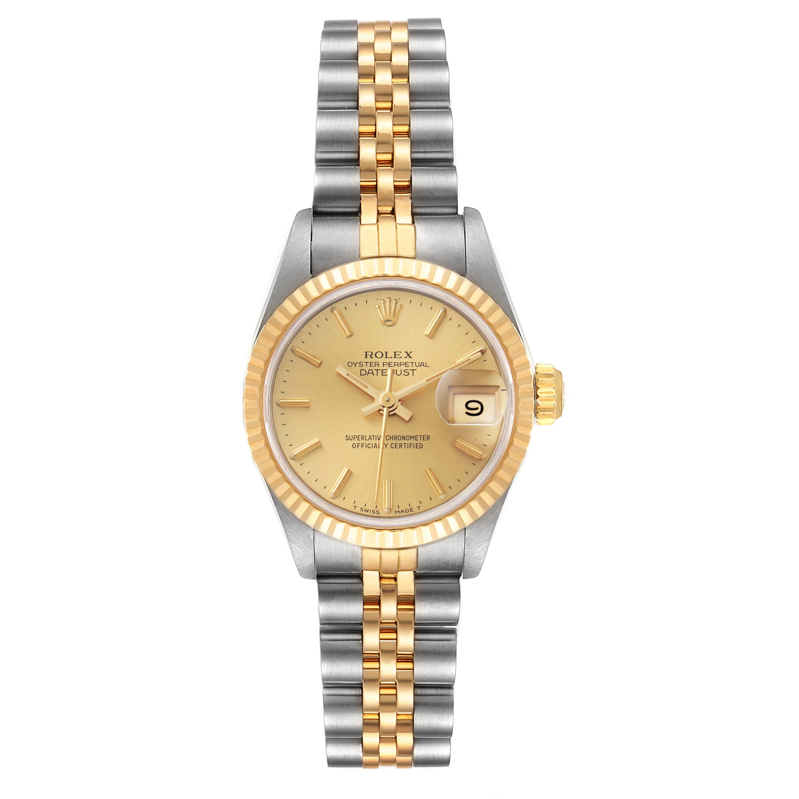 The Rolex Datejust 69173 Women
s Steel and Gold (two tone) Champagne Dial 69173 Women
s Steel and Gold (two tone) Champagne Dial model is shown from a top-down angle, displaying the face, bezel, crown, and full bracelet.