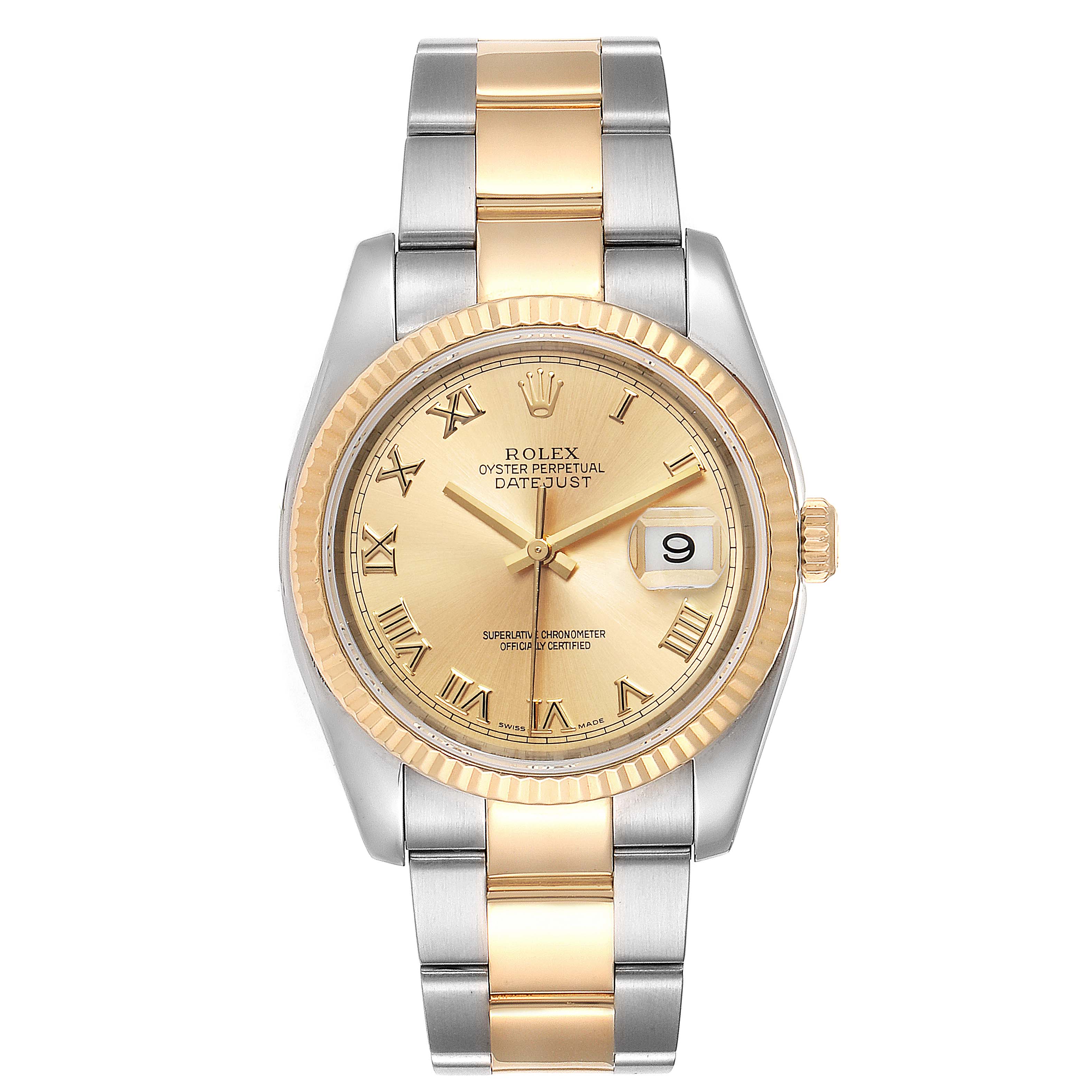 The Rolex Datejust 116233 Men's Steel and Gold (two tone) Champagne Dial 116233 Men's Steel and Gold (two tone) Champagne Dial watch is shown from a front angle, displaying its two-tone bracelet, gold dial, Roman numeral markers, and date window.