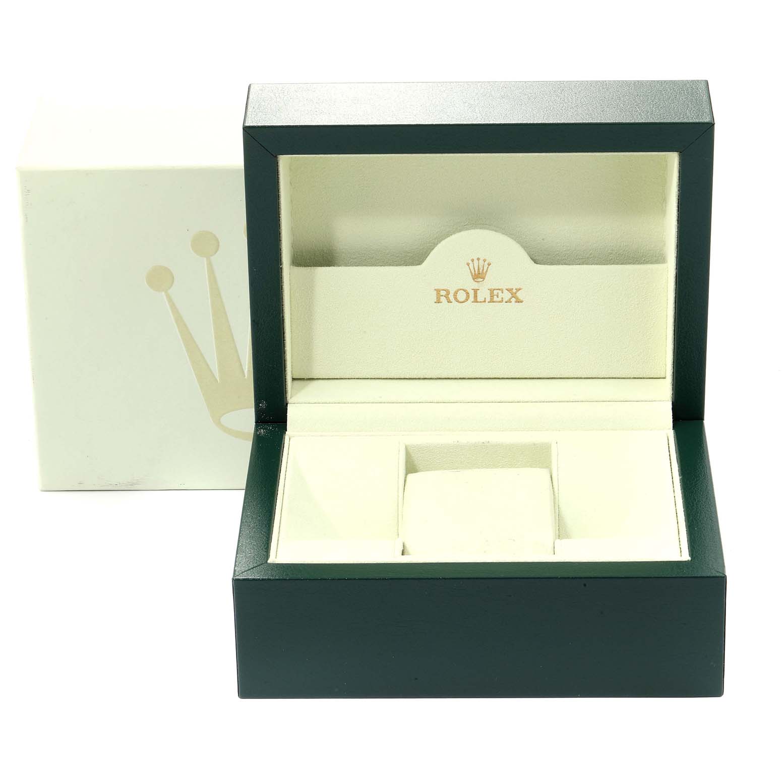 This image shows an open Rolex Datejust 116233 Men's Steel and Gold (two tone) Champagne Dial 116233 Men's Steel and Gold (two tone) Champagne Dial watch box with the inner cushioning on display.