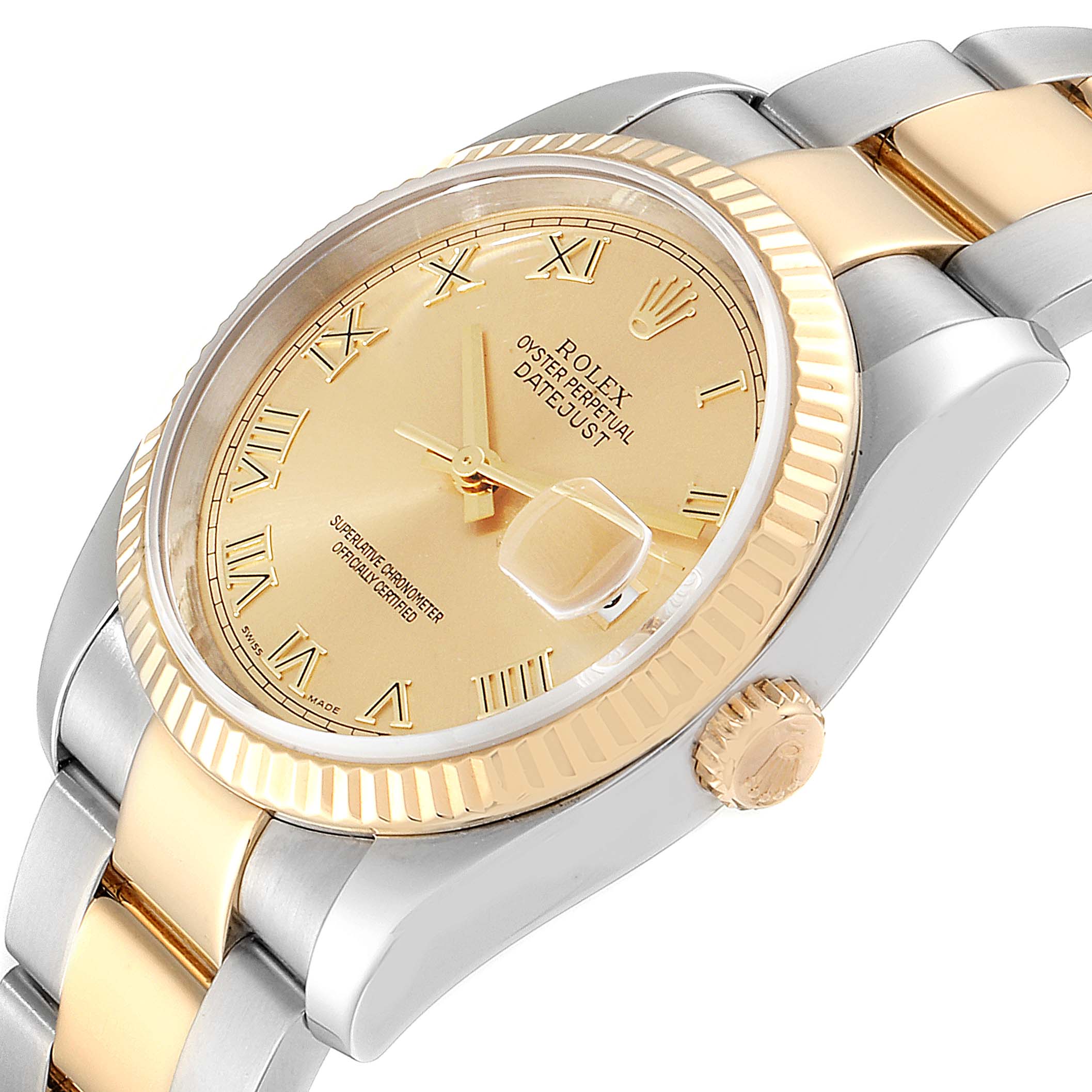 The image shows a side perspective of a Rolex Datejust 116233 Men's Steel and Gold (two tone) Champagne Dial 116233 Men's Steel and Gold (two tone) Champagne Dial watch, highlighting its gold dial, fluted bezel, and two-tone bracelet.