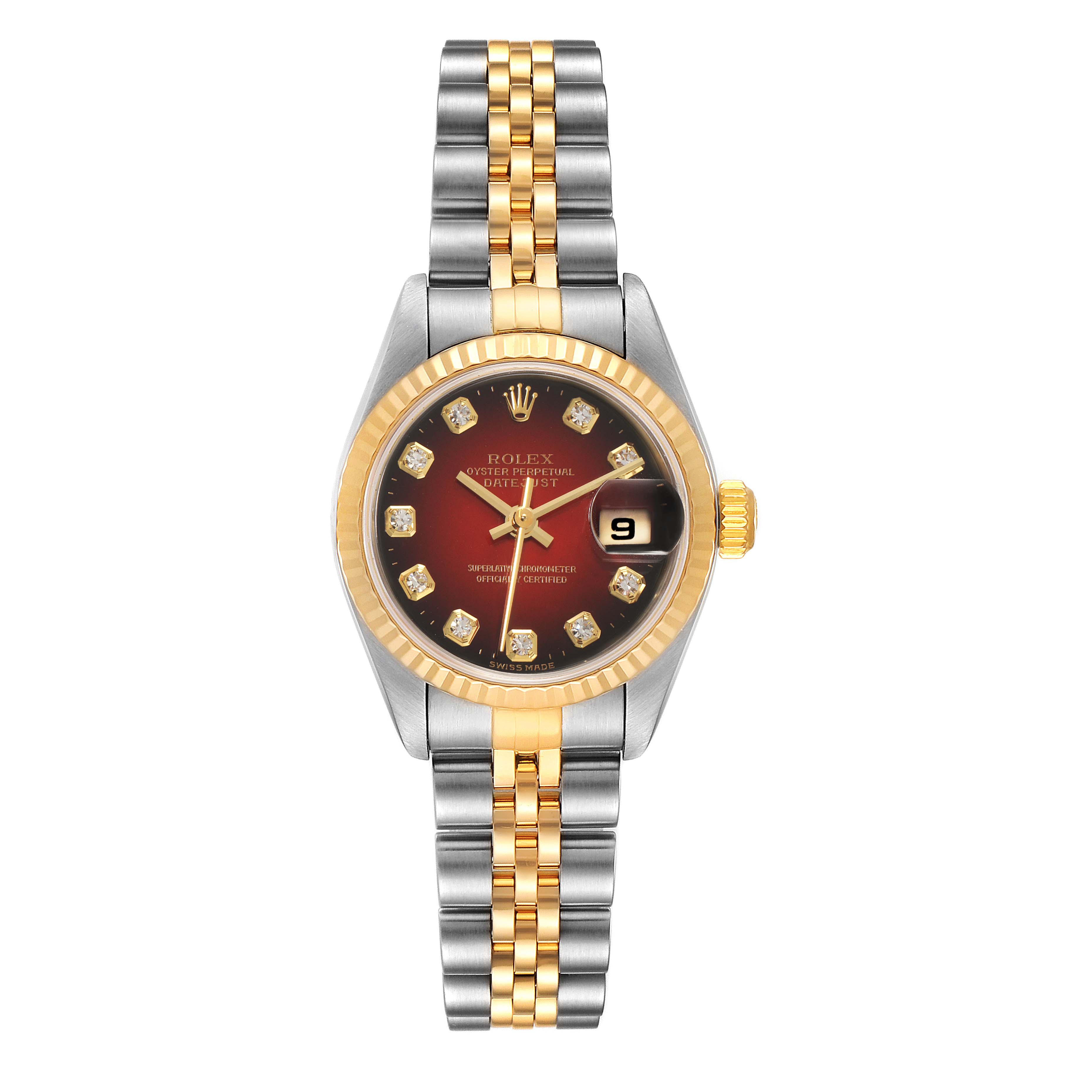 This image shows a front view of a Rolex Datejust 79173 Women
s Steel and Gold (two tone) Red Dial 79173 Women
s Steel and Gold (two tone) Red Dial watch, highlighting the dial, bezel, crown, and bracelet.
