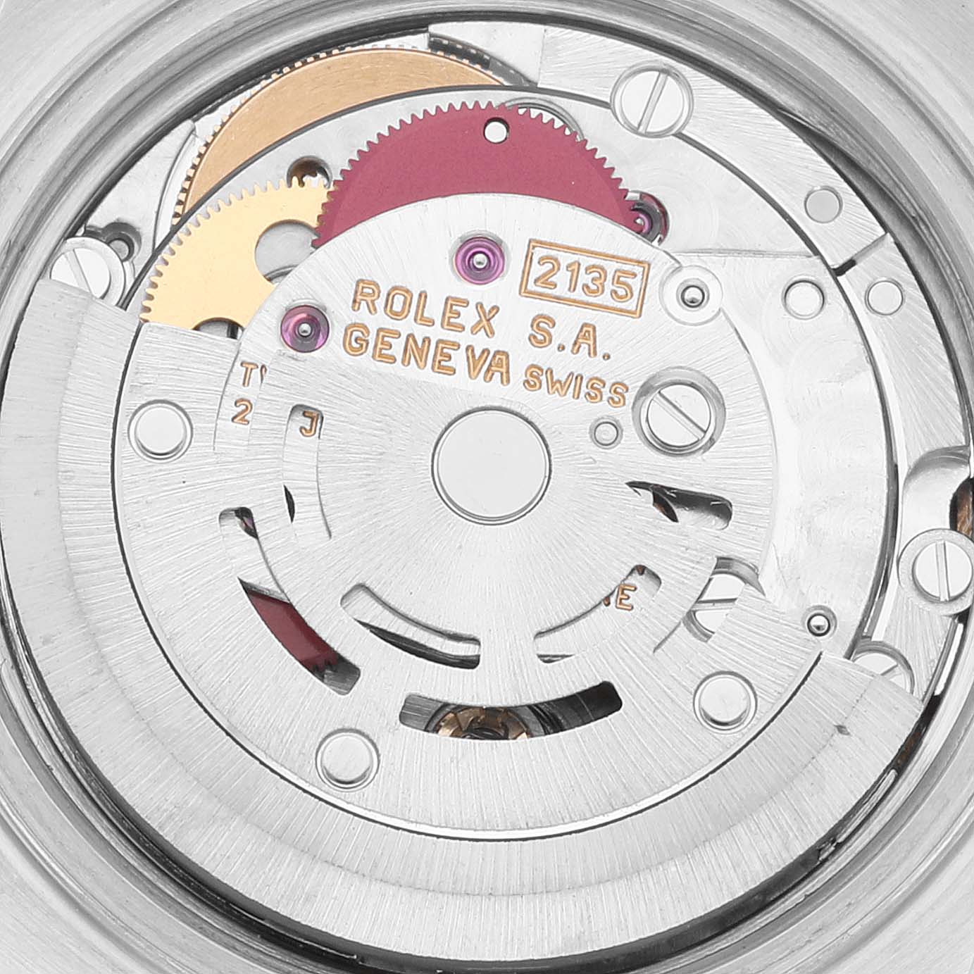 This is a close-up view of the internal movement mechanism of a Rolex Datejust 69163 Women's Steel and Gold (two tone) Grey Dial 69163 Women's Steel and Gold (two tone) Grey Dial watch.