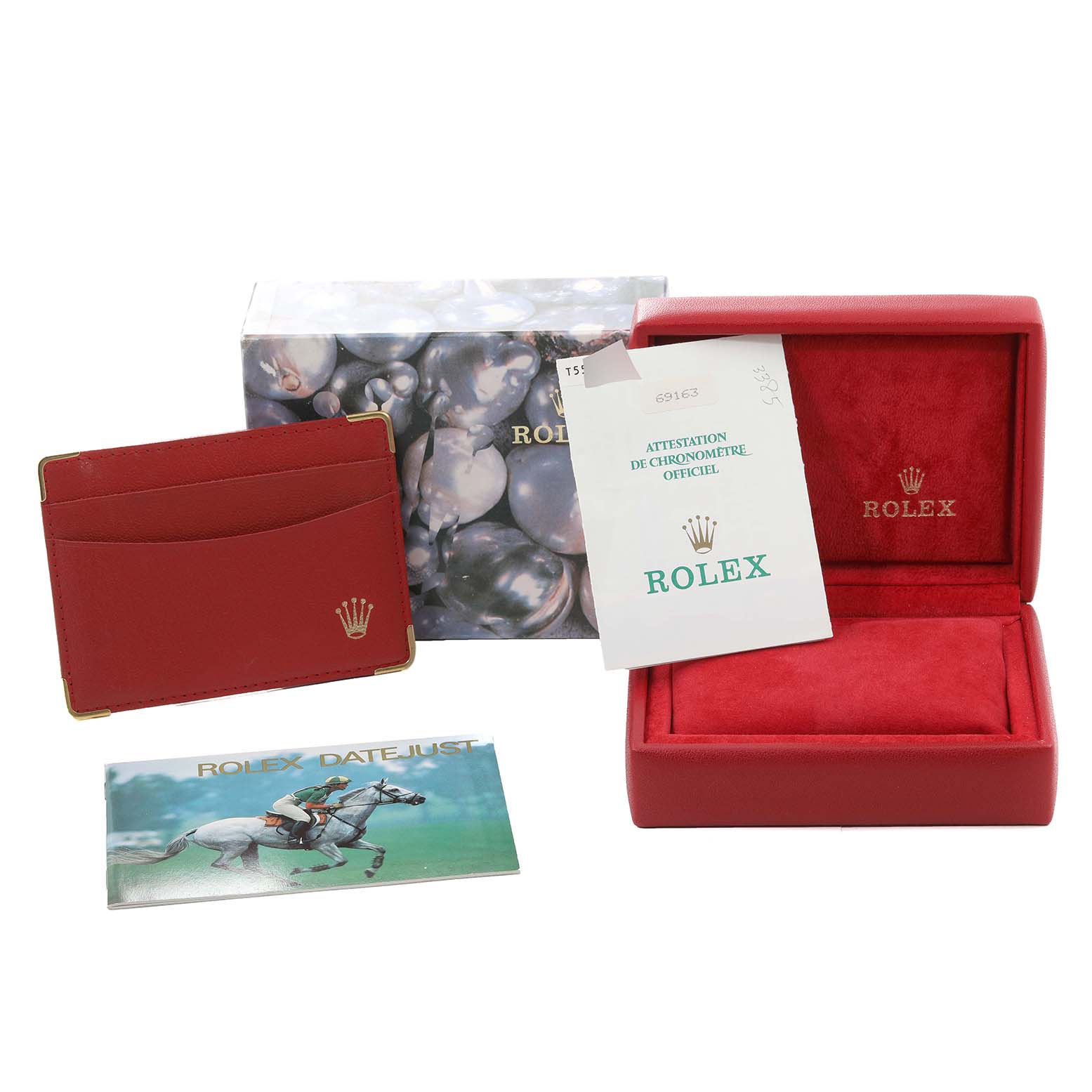 The image shows Rolex Datejust 69163 Women's Steel and Gold (two tone) Grey Dial 69163 Women's Steel and Gold (two tone) Grey Dial model accessories, including a presentation box, leather cardholder, certificates, and a booklet.