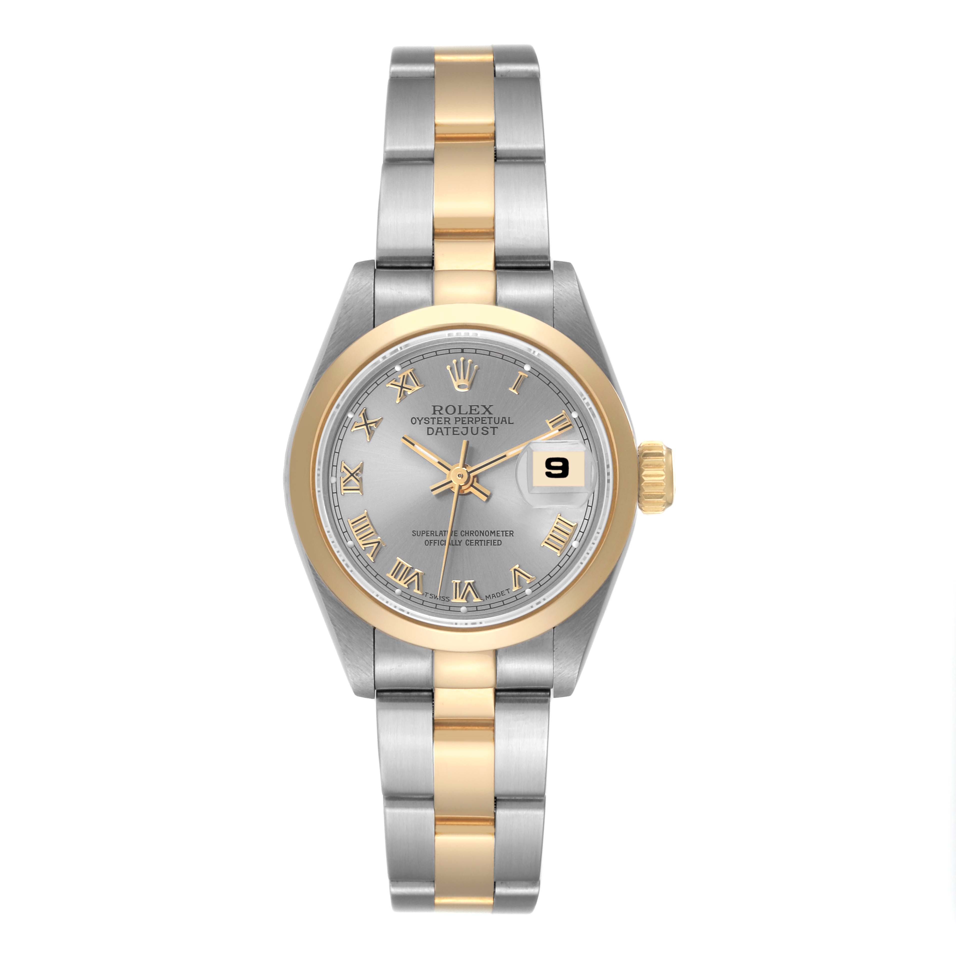 This Rolex Datejust 69163 Women's Steel and Gold (two tone) Grey Dial 69163 Women's Steel and Gold (two tone) Grey Dial watch is shown from a top-down angle, highlighting its two-tone bracelet, gold bezel, and gray dial with Roman numerals.