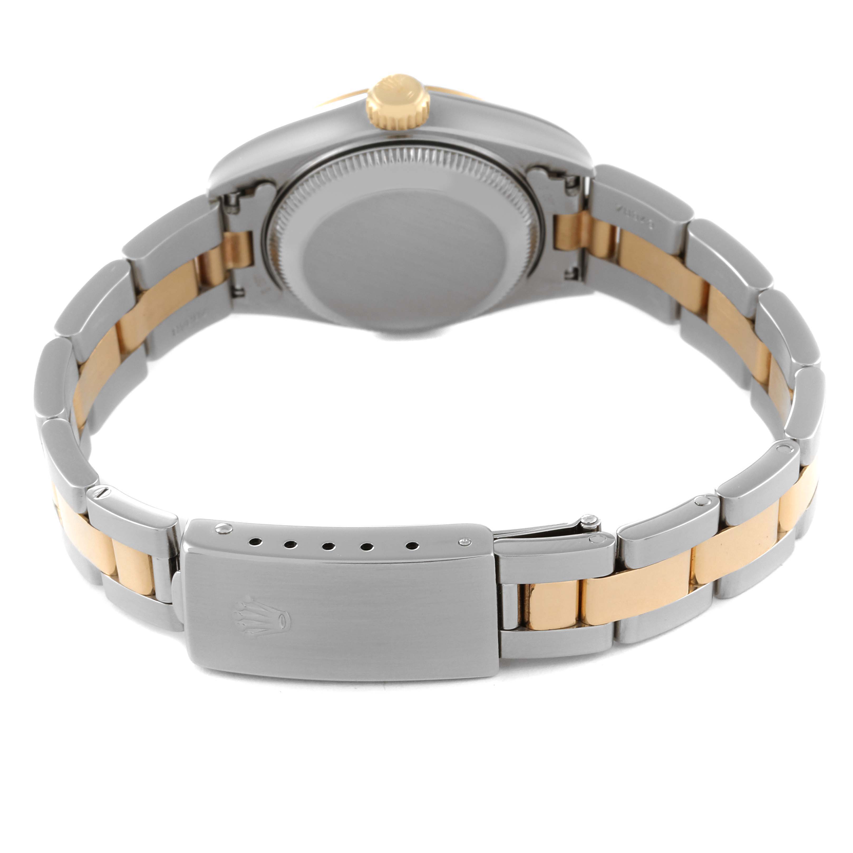 This image shows the back view of the Rolex Datejust 69163 Women's Steel and Gold (two tone) Grey Dial 69163 Women's Steel and Gold (two tone) Grey Dial watch, highlighting the clasp, bracelet, and case back.