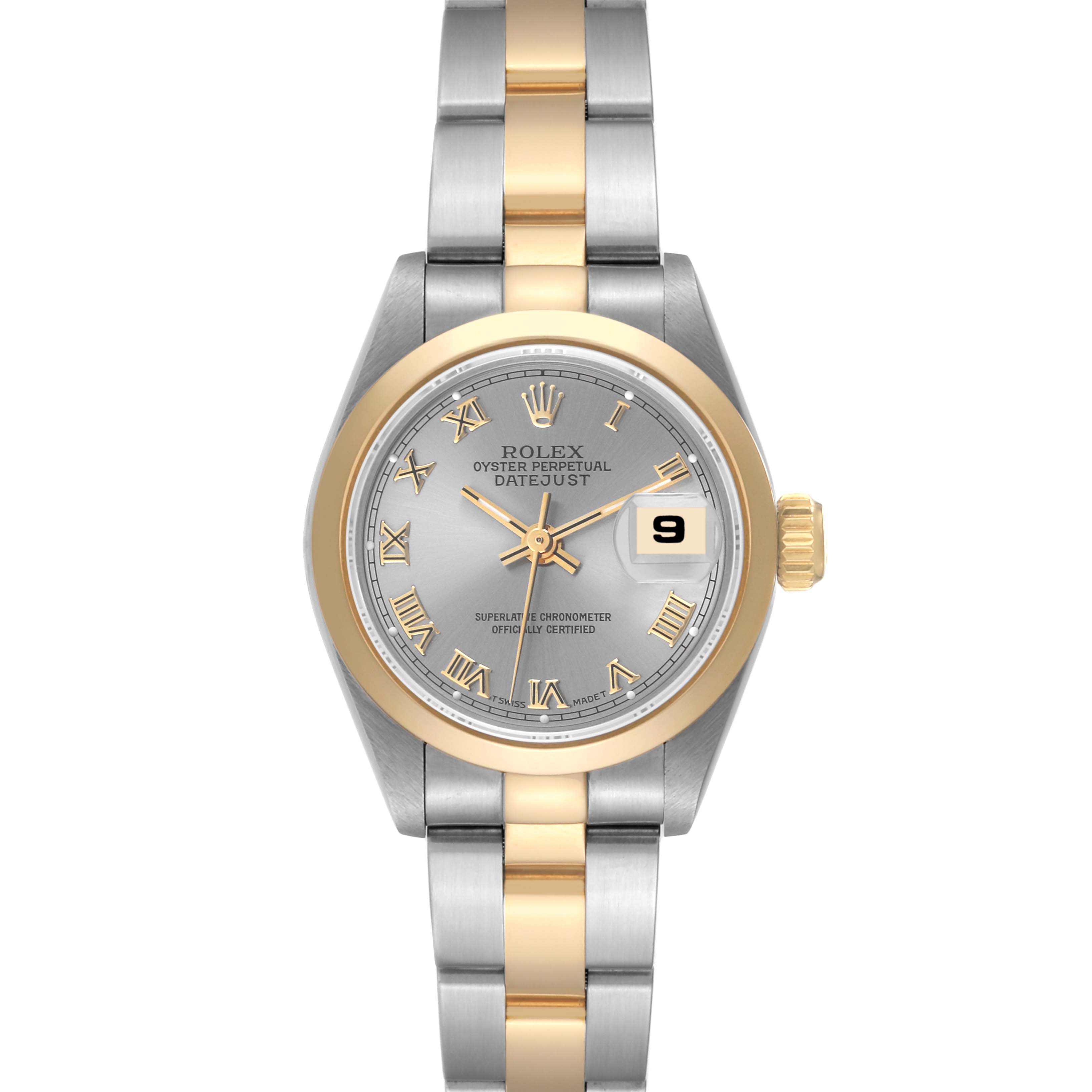 This image shows a front view of the Rolex Datejust 69163 Women's Steel and Gold (two tone) Grey Dial 69163 Women's Steel and Gold (two tone) Grey Dial watch, highlighting the dial, bezel, and bracelet.
