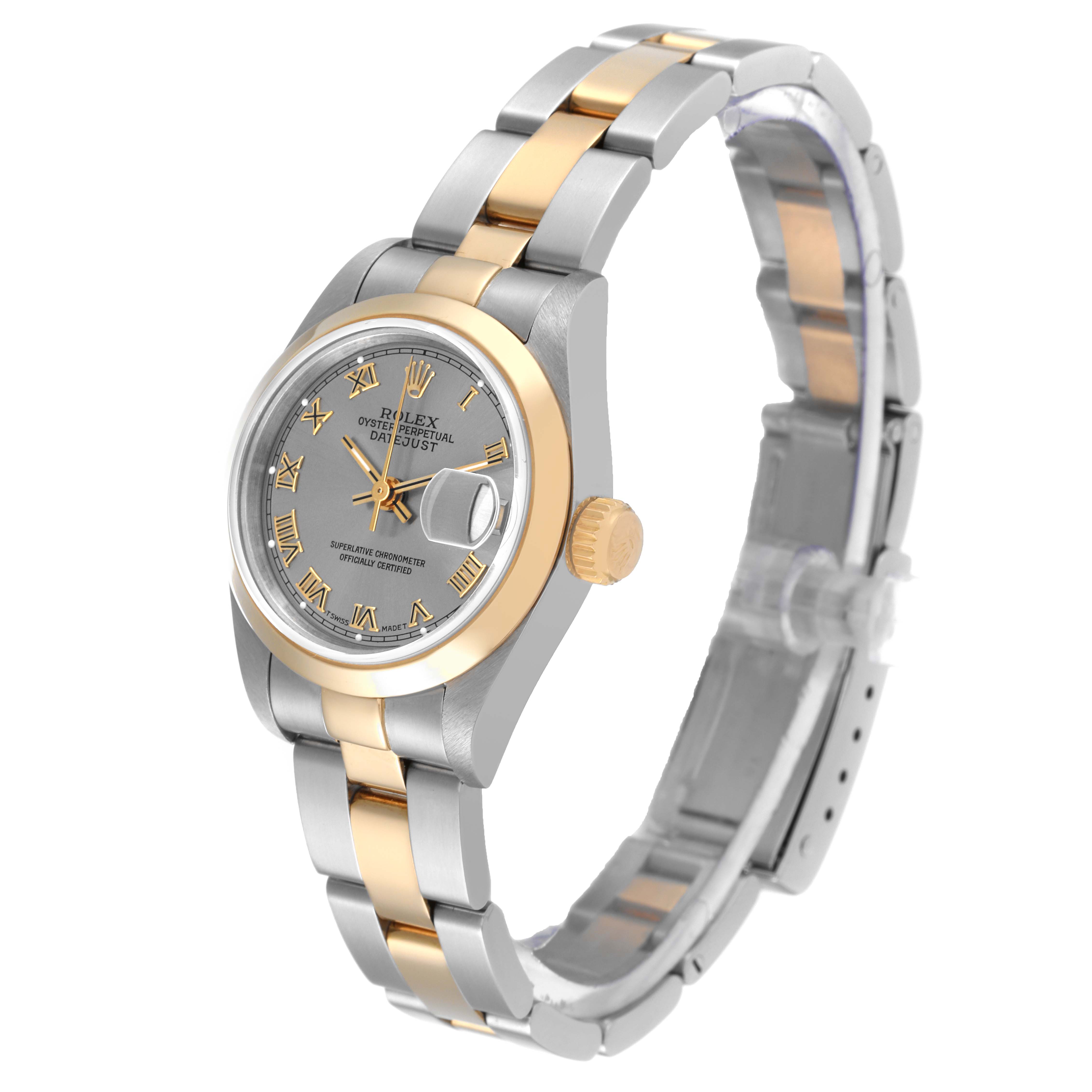 The Rolex Datejust 69163 Women's Steel and Gold (two tone) Grey Dial 69163 Women's Steel and Gold (two tone) Grey Dial model watch is shown at a three-quarter angle, highlighting the bezel, dial, crown, and bracelet.