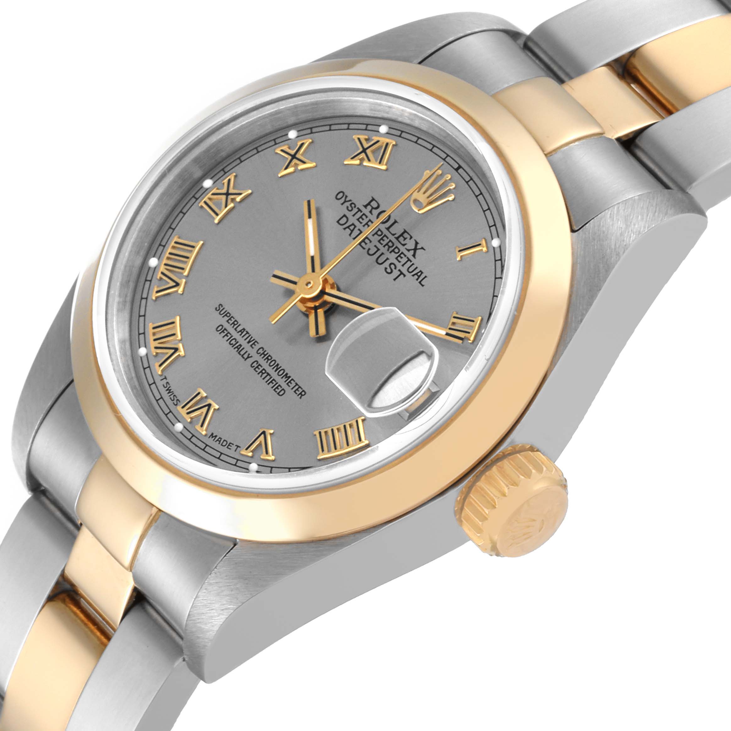 This image shows a Rolex Datejust 69163 Women's Steel and Gold (two tone) Grey Dial 69163 Women's Steel and Gold (two tone) Grey Dial watch from a slight angle, highlighting the face, bezel, and part of the bracelet.