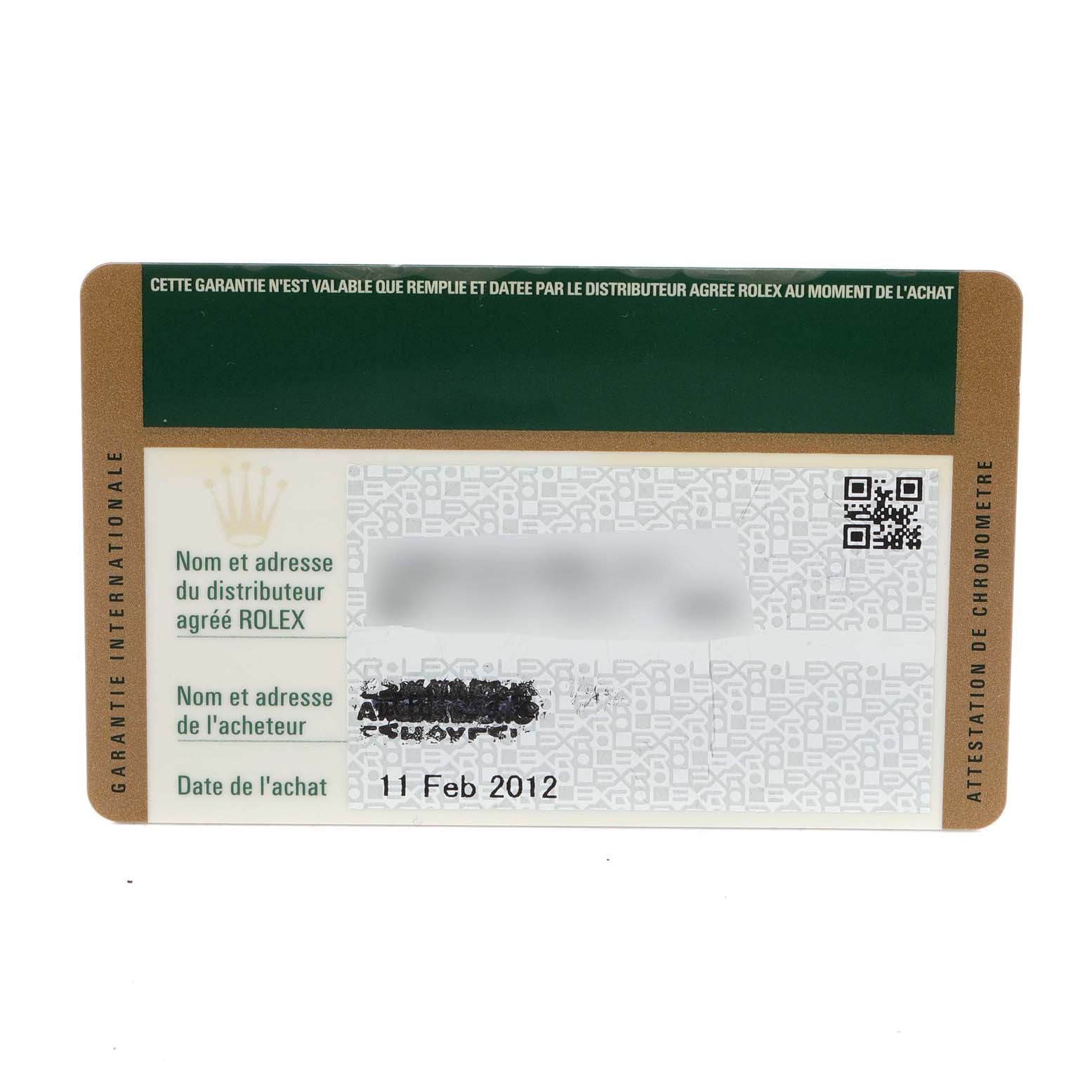 This image shows the warranty card for a Rolex Datejust 179173 Women
s Steel and Gold (two tone) Black Dial 179173 Women
s Steel and Gold (two tone) Black Dial watch, including purchase date and distributor information.