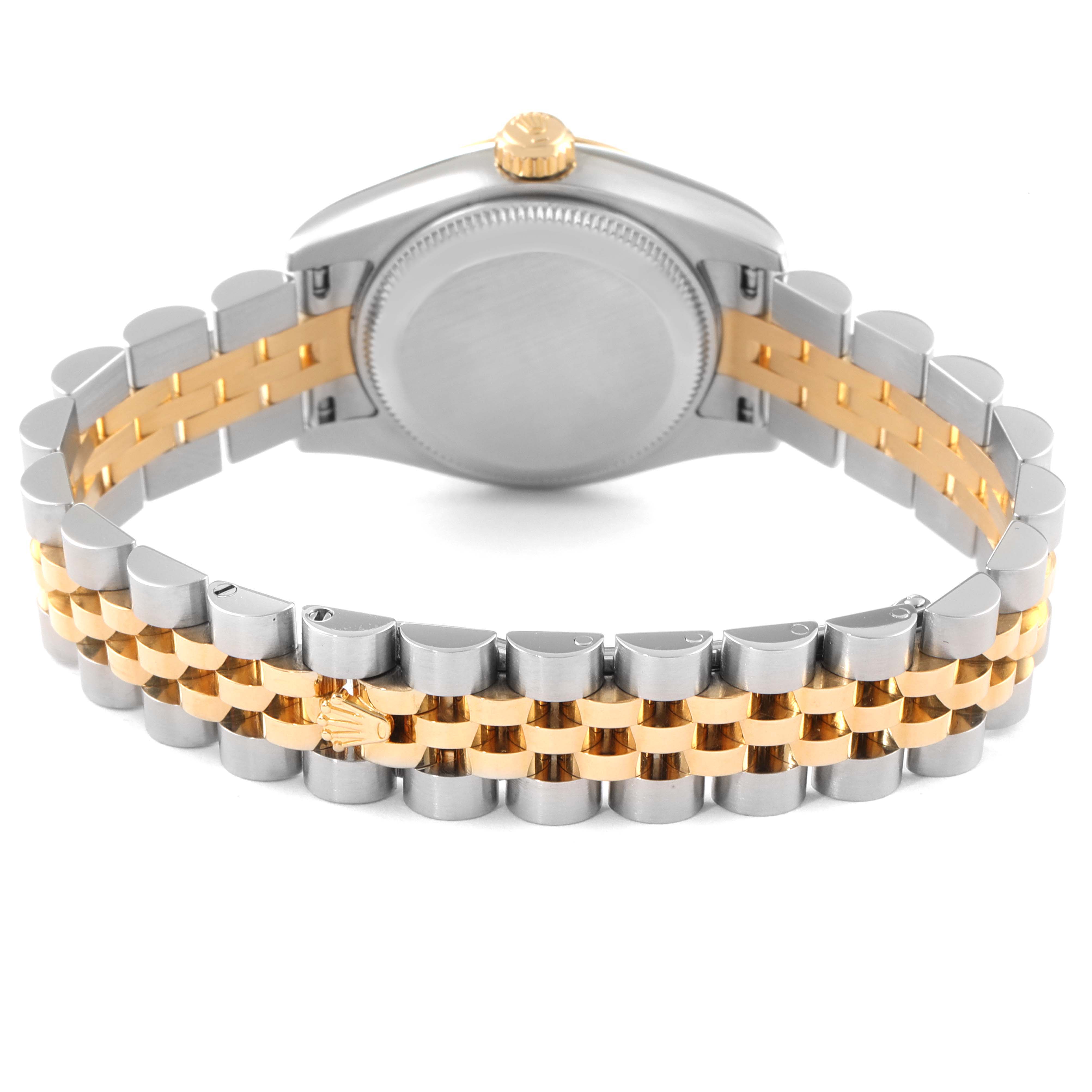 This image shows the rear view of the Rolex Datejust 179173 Women
s Steel and Gold (two tone) Black Dial 179173 Women
s Steel and Gold (two tone) Black Dial watch, highlighting the case back and bi-metal bracelet.