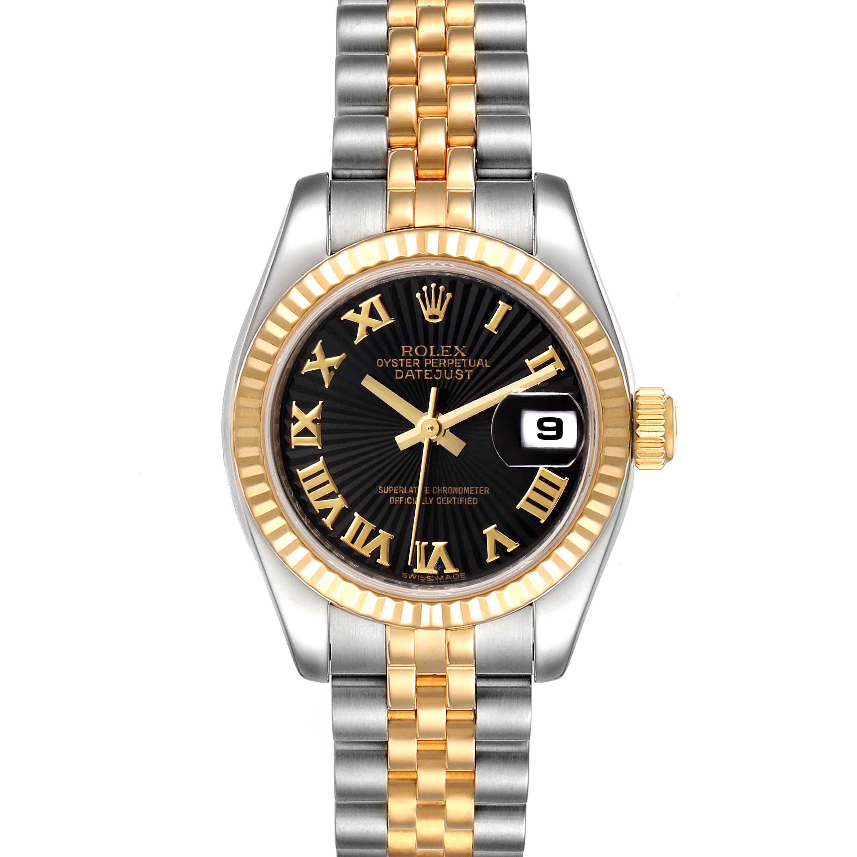 The Rolex Datejust 179173 Women
s Steel and Gold (two tone) Black Dial 179173 Women
s Steel and Gold (two tone) Black Dial watch is shown from a front angle, displaying its dial, bezel, case, and bracelet.