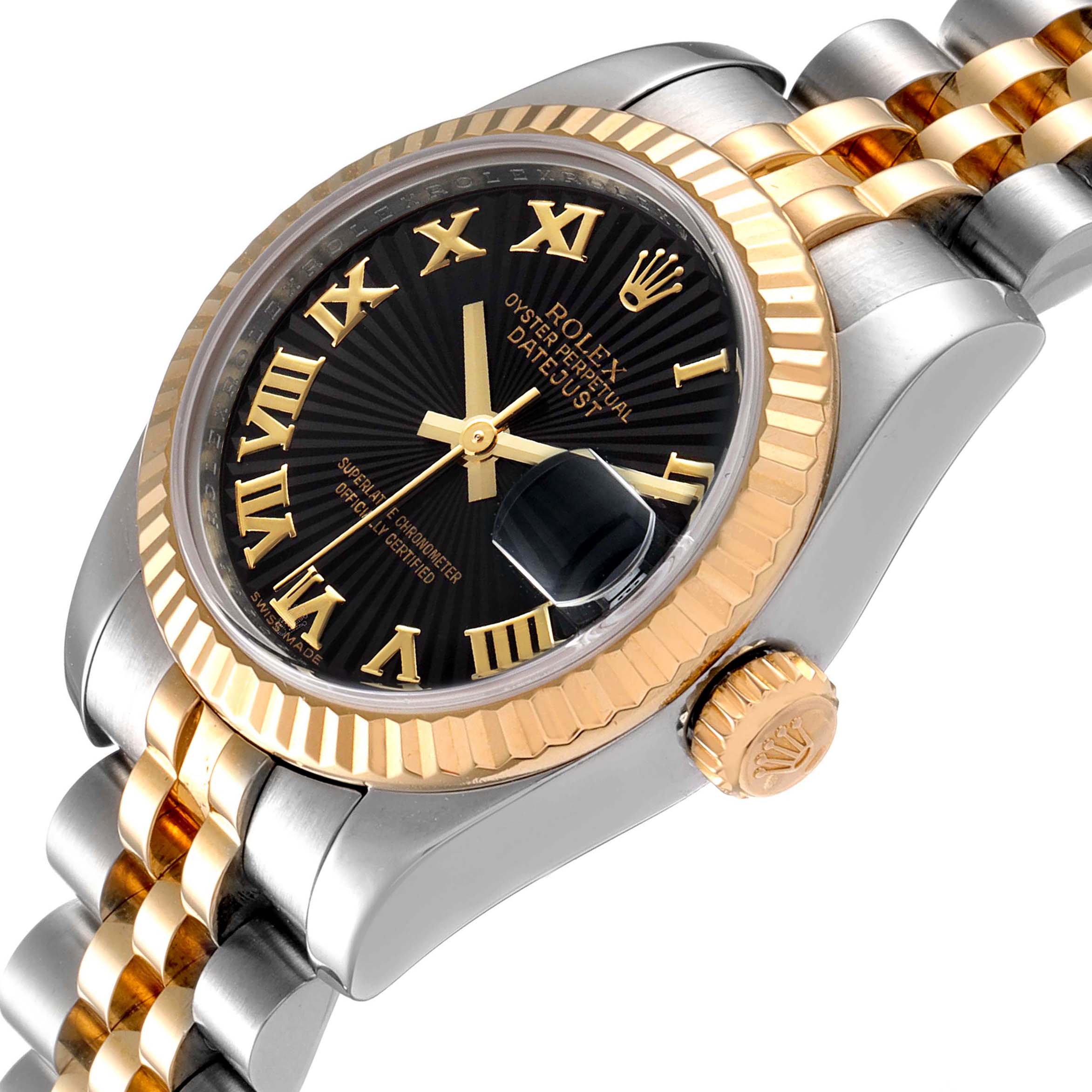 The image shows a close-up angle of a Rolex Datejust 179173 Women
s Steel and Gold (two tone) Black Dial 179173 Women
s Steel and Gold (two tone) Black Dial watch, highlighting its face, bezel, crown, and bracelet.