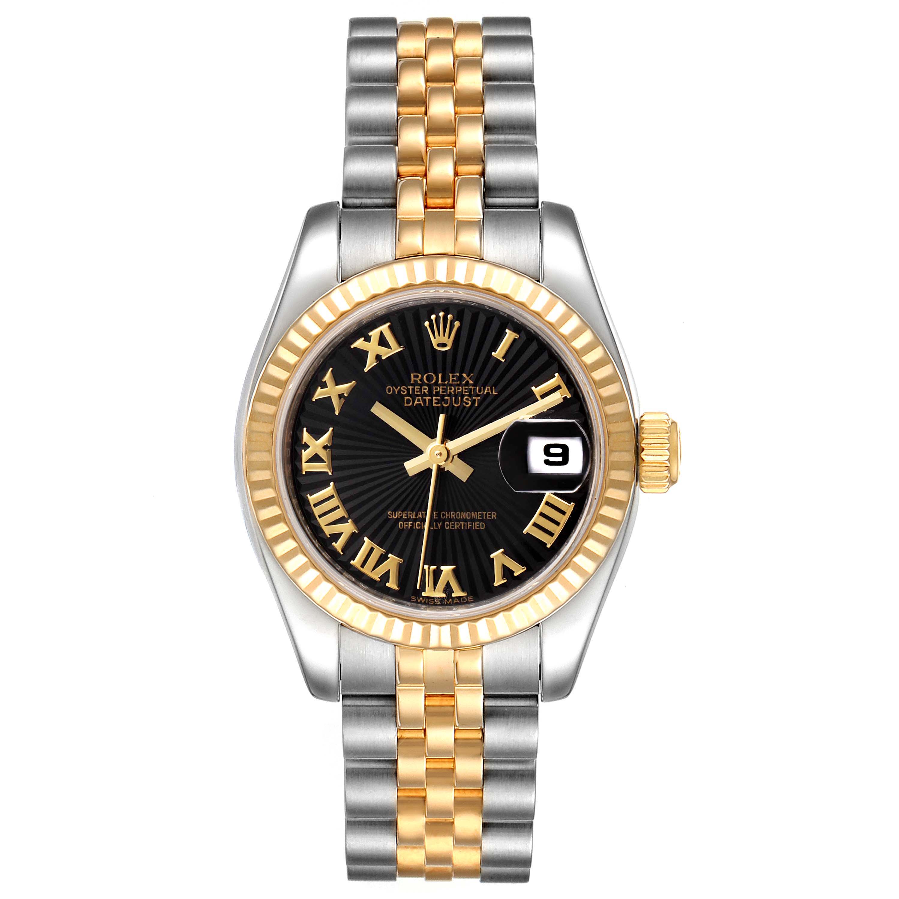 The Rolex Datejust 179173 Women
s Steel and Gold (two tone) Black Dial 179173 Women
s Steel and Gold (two tone) Black Dial watch is shown from the front, highlighting its black dial, gold fluted bezel, date window, and two-tone bracelet.