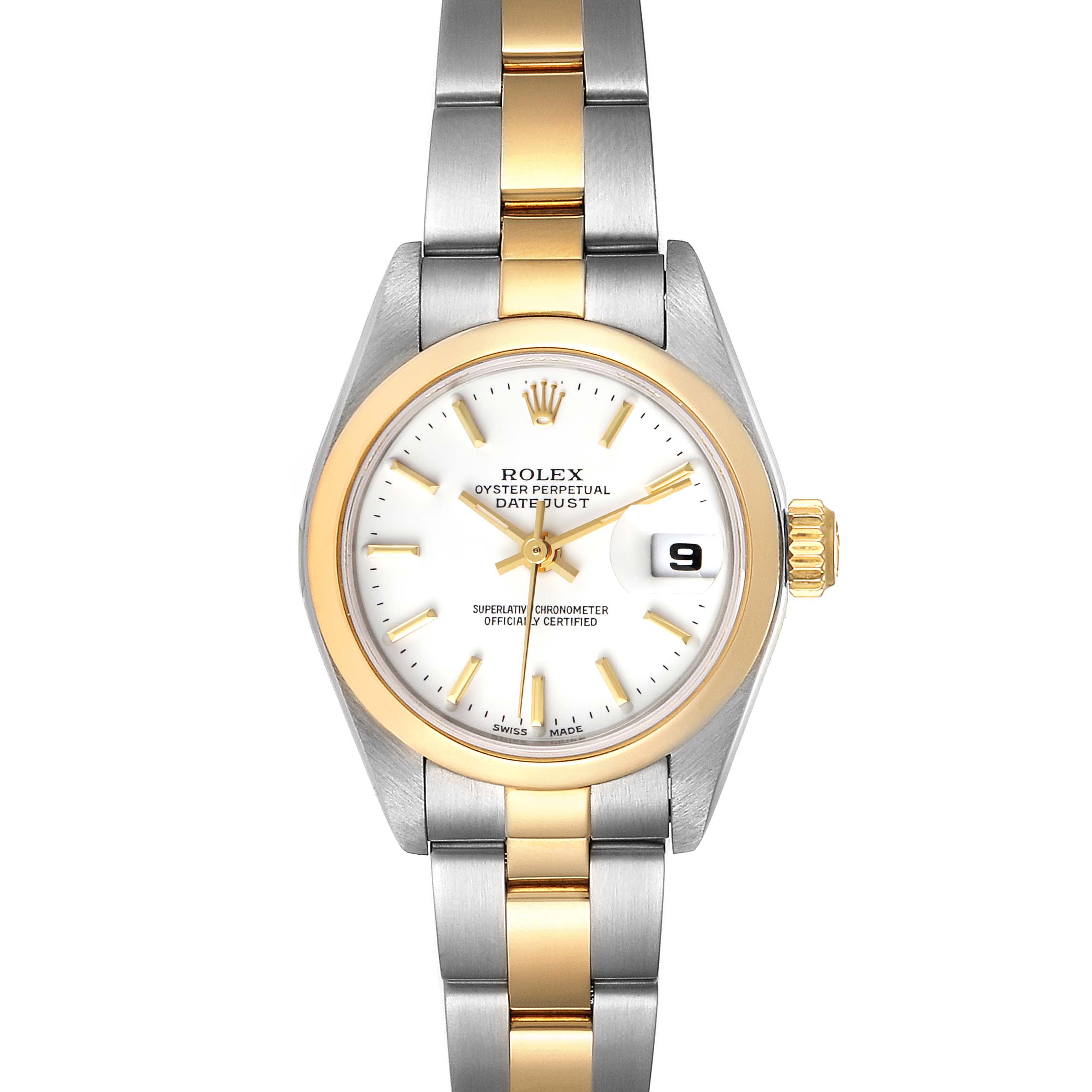 The image shows a front view of a Rolex Datejust 79163 Women's Steel and Gold (two tone) White Dial 79163 Women's Steel and Gold (two tone) White Dial watch, highlighting the dial, bracelet, bezel, and date window.