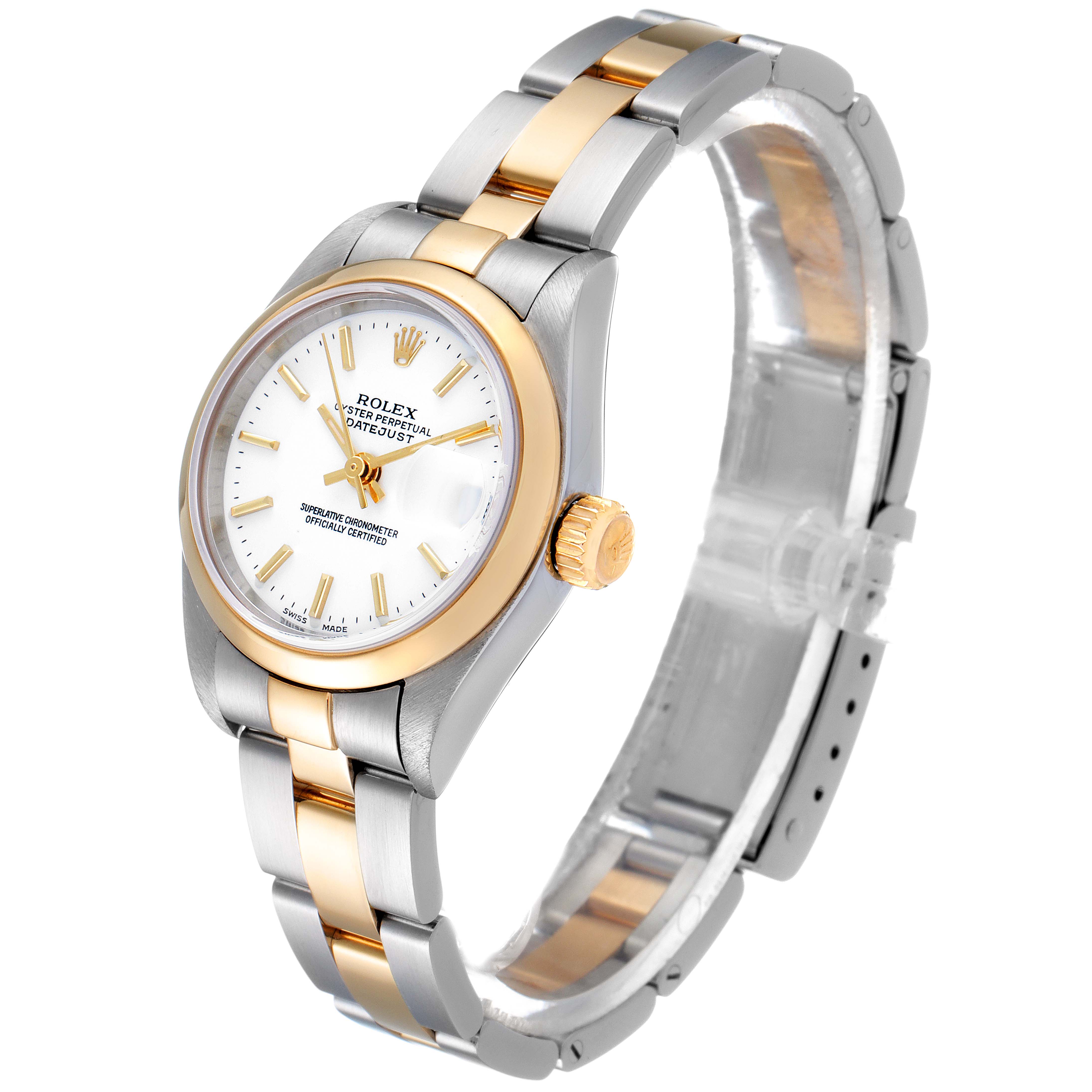 The Rolex Datejust 79163 Women's Steel and Gold (two tone) White Dial 79163 Women's Steel and Gold (two tone) White Dial watch is shown at a three-quarter angle, highlighting its two-tone metal bracelet, crown, and white dial.