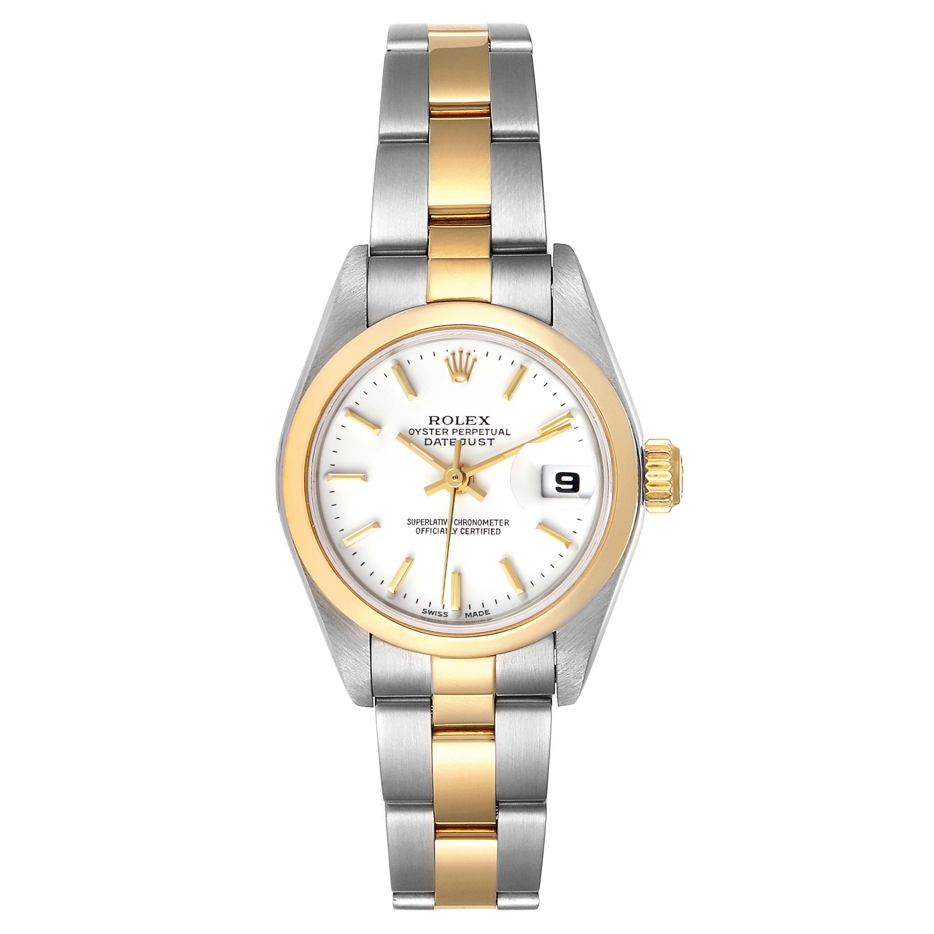 The Rolex Datejust 79163 Women's Steel and Gold (two tone) White Dial 79163 Women's Steel and Gold (two tone) White Dial watch is shown from the front, highlighting the dial, bezel, case, bracelet, and crown.
