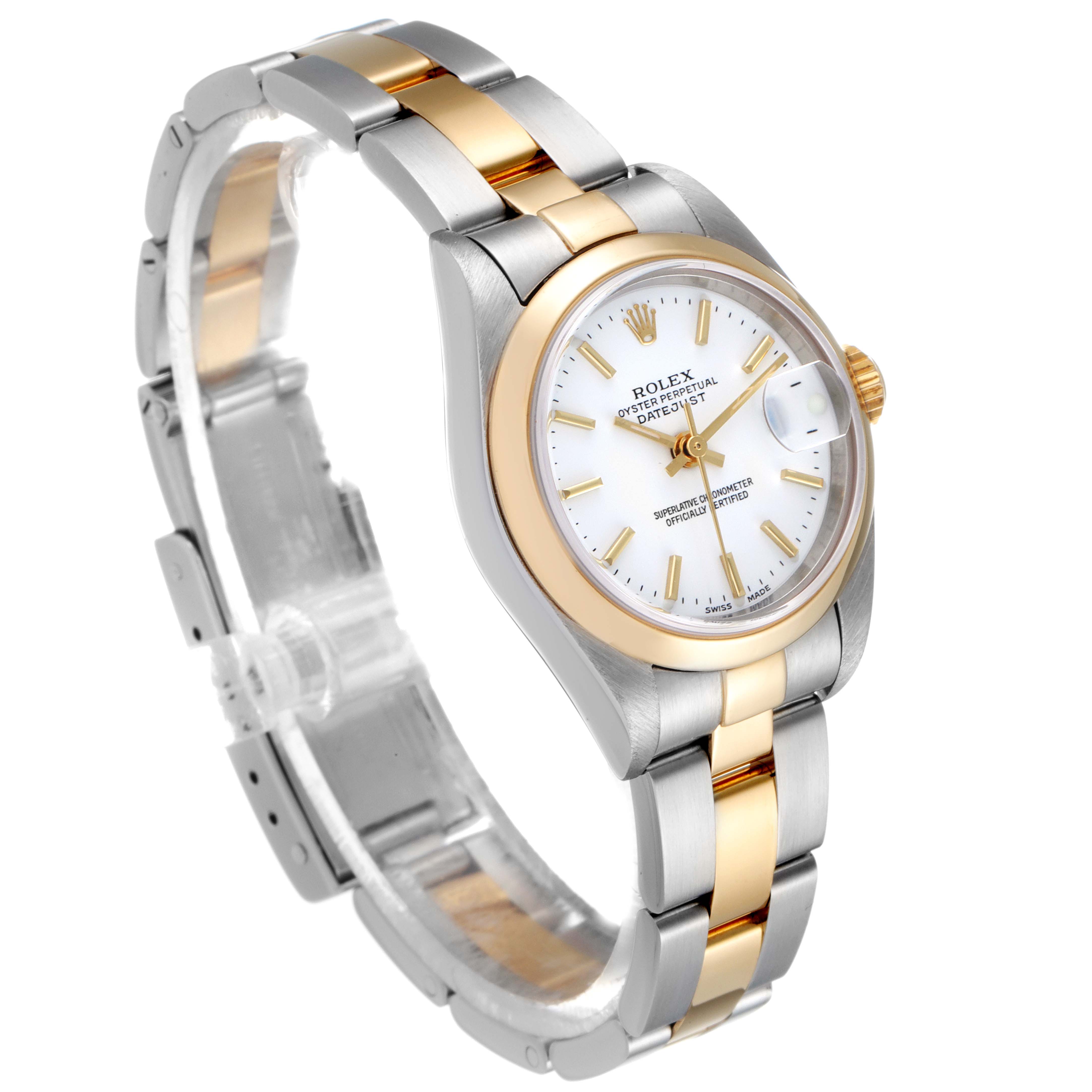 The Rolex Datejust 79163 Women's Steel and Gold (two tone) White Dial 79163 Women's Steel and Gold (two tone) White Dial watch is shown at an angled view, highlighting its dial, bezel, and bracelet with two-tone gold and silver links.