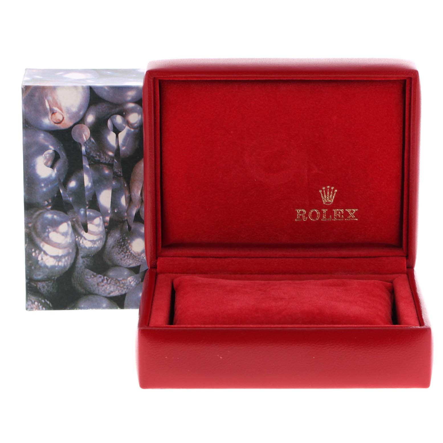 This image displays a Rolex Datejust 79163 Women's Steel and Gold (two tone) White Dial 79163 Women's Steel and Gold (two tone) White Dial watch box and cushion, viewed from the front.