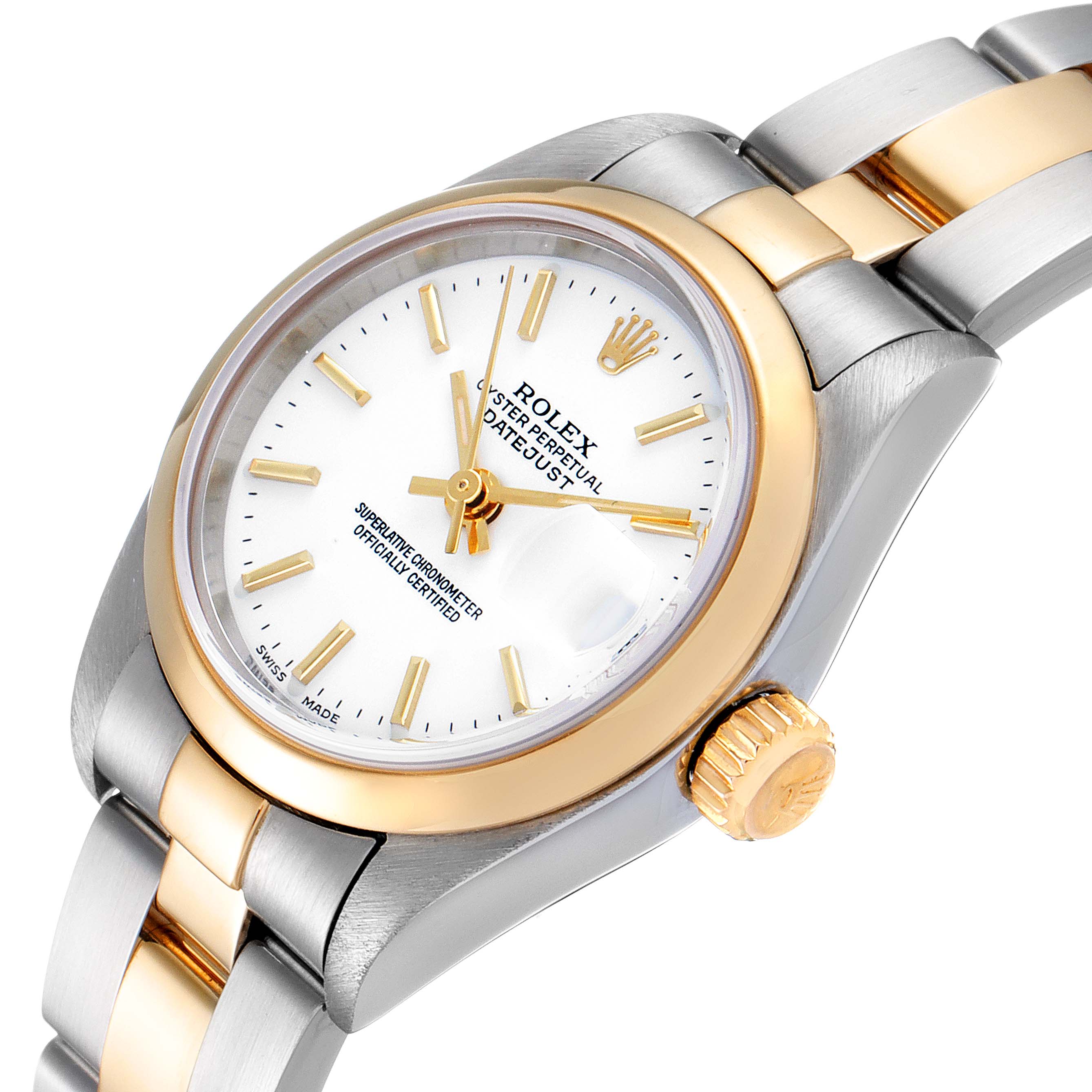 The image shows a close-up angled view of a Rolex Datejust 79163 Women's Steel and Gold (two tone) White Dial 79163 Women's Steel and Gold (two tone) White Dial watch, featuring the dial, crown, and part of the bracelet.