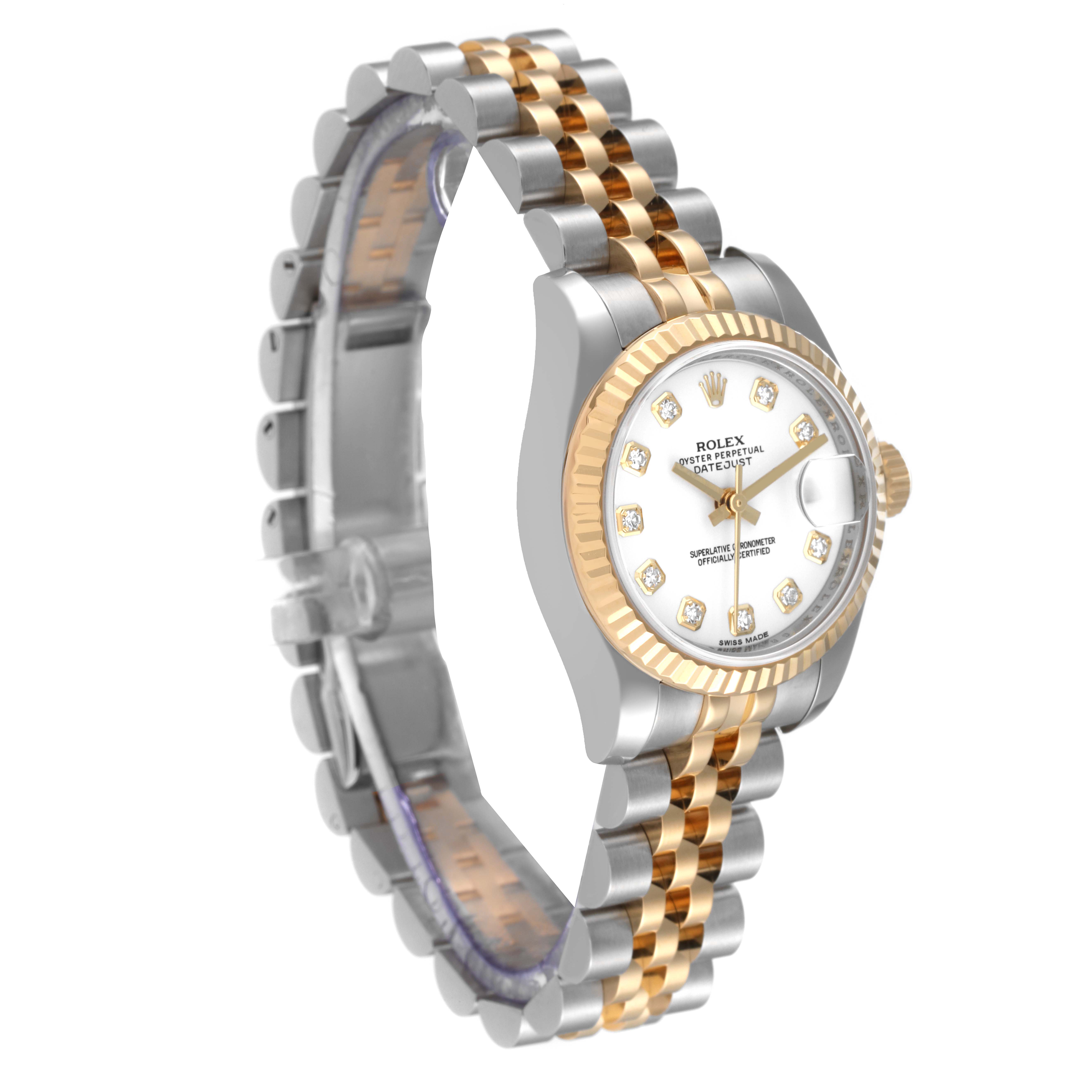 The image shows a Rolex Datejust 179173 Women's Steel and Gold (two tone) White Dial 179173 Women's Steel and Gold (two tone) White Dial watch angled to display the face, bezel, and part of the two-tone band.