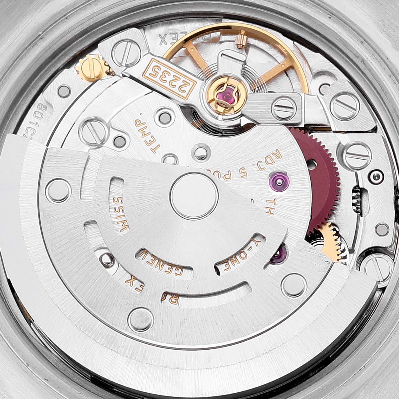 This image shows the intricate movement and internal mechanisms of the Rolex Datejust 179173 Women's Steel and Gold (two tone) White Dial 179173 Women's Steel and Gold (two tone) White Dial watch from a close-up angle.