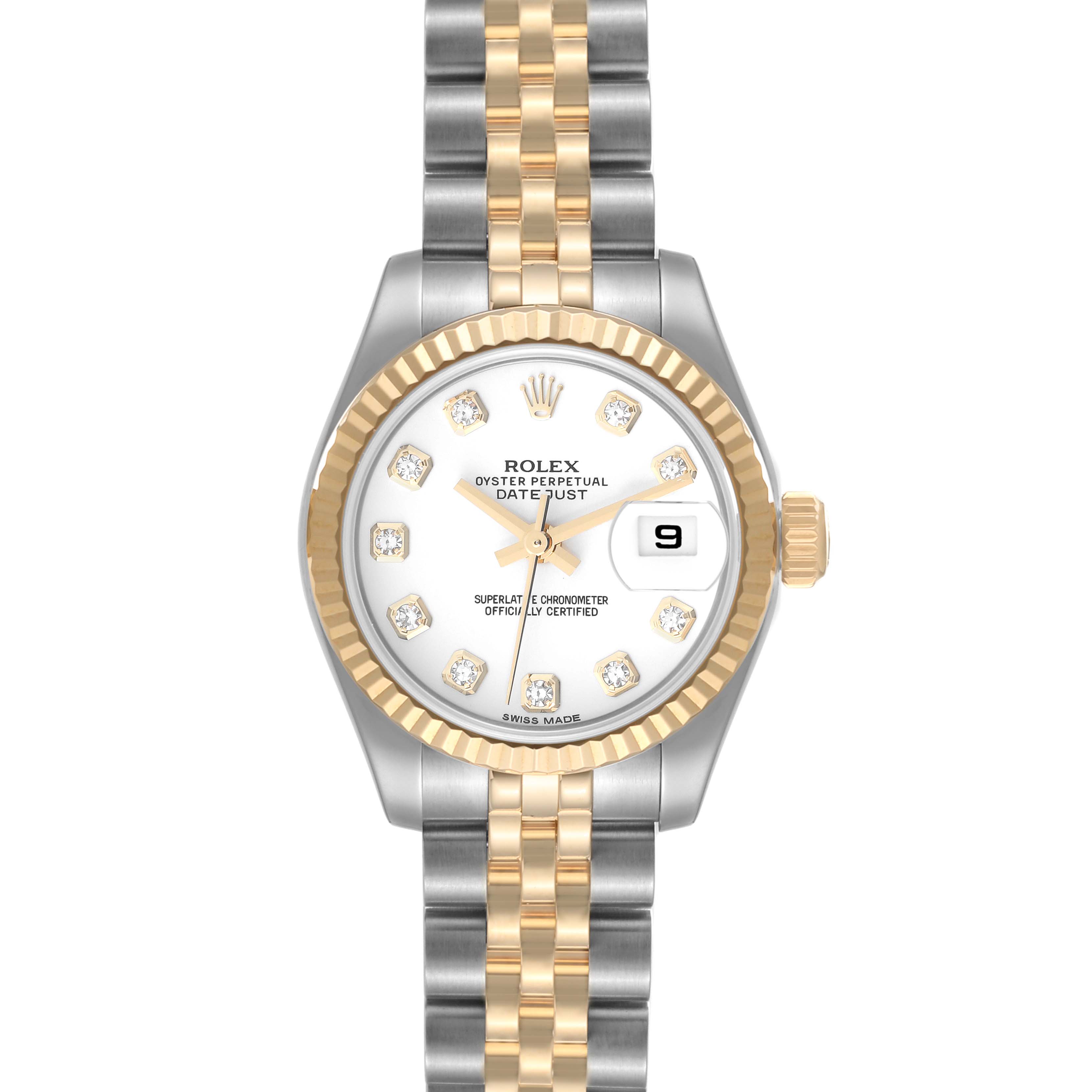 The image shows a front view of a Rolex Datejust 179173 Women's Steel and Gold (two tone) White Dial 179173 Women's Steel and Gold (two tone) White Dial watch, highlighting the dial, bezel, crown, and two-tone bracelet.