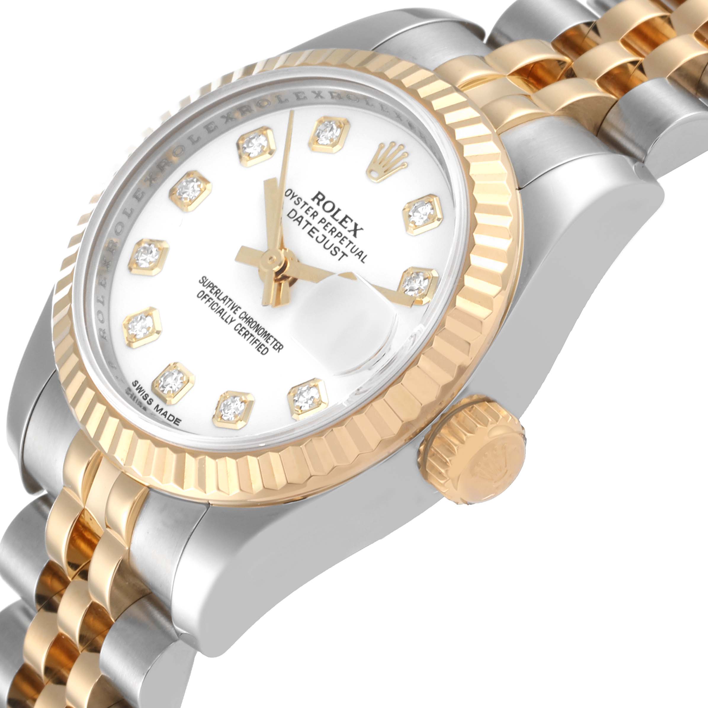 The image shows a Rolex Datejust 179173 Women's Steel and Gold (two tone) White Dial 179173 Women's Steel and Gold (two tone) White Dial watch from an angled side view, highlighting the bezel, dial, crown, and part of the bracelet.