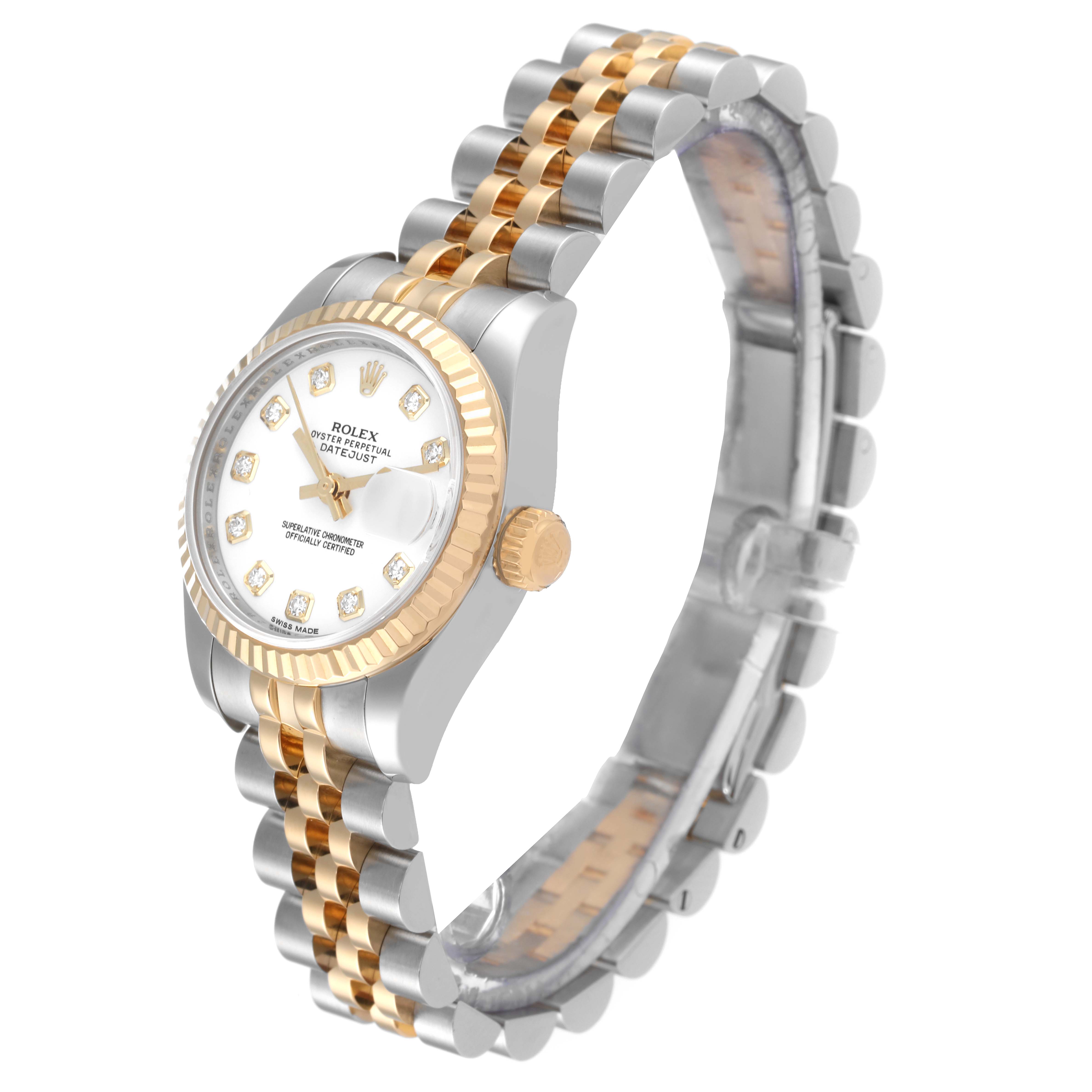 The Rolex Datejust 179173 Women's Steel and Gold (two tone) White Dial 179173 Women's Steel and Gold (two tone) White Dial watch is shown at an angled side view, highlighting the dial, bezel, crown, and Jubilee bracelet.