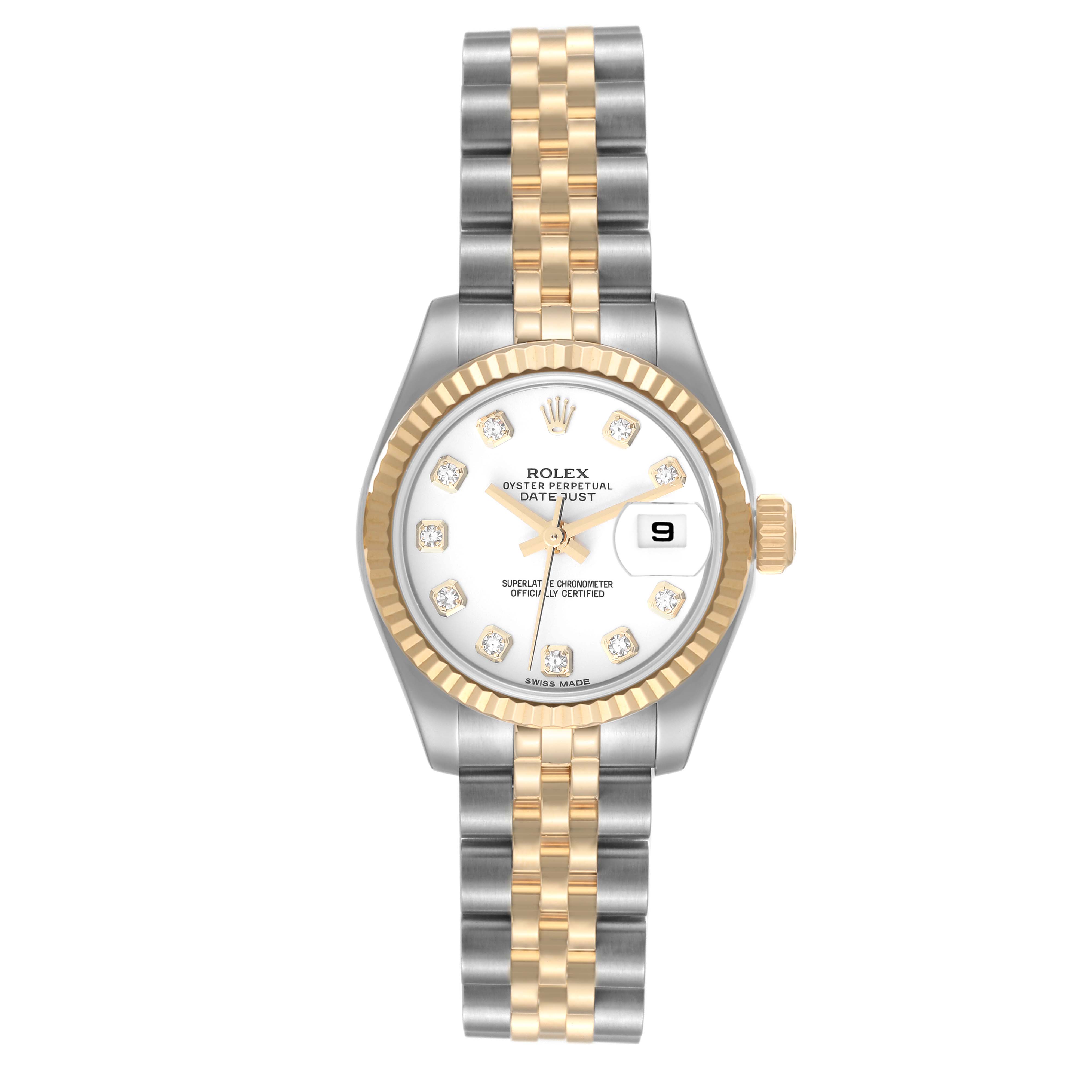 This Rolex Datejust 179173 Women's Steel and Gold (two tone) White Dial 179173 Women's Steel and Gold (two tone) White Dial watch is shown from the front, displaying the face, dial, bezel, and bracelet.