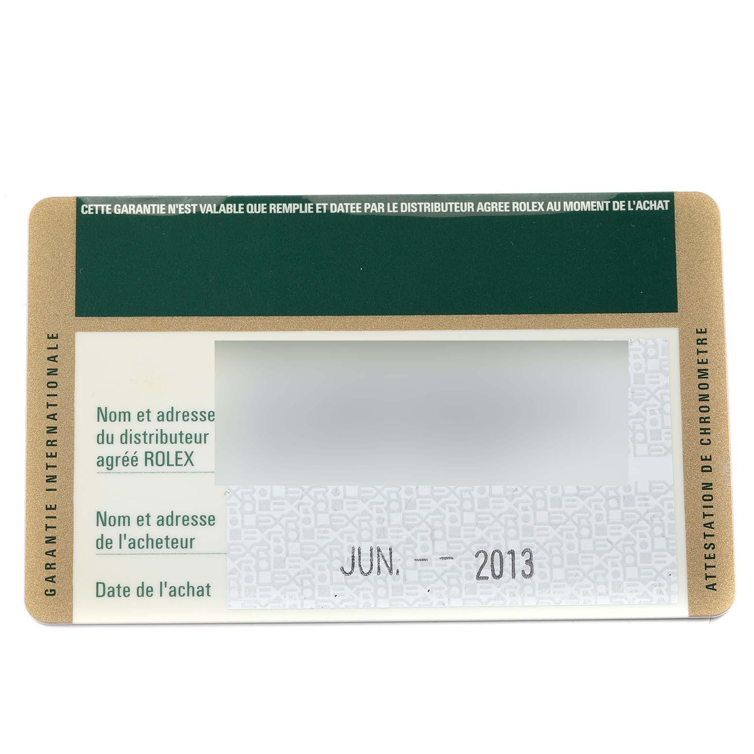 This image shows the guarantee card for a Rolex Datejust 179173 Women's Steel and Gold (two tone) White Dial 179173 Women's Steel and Gold (two tone) White Dial watch.