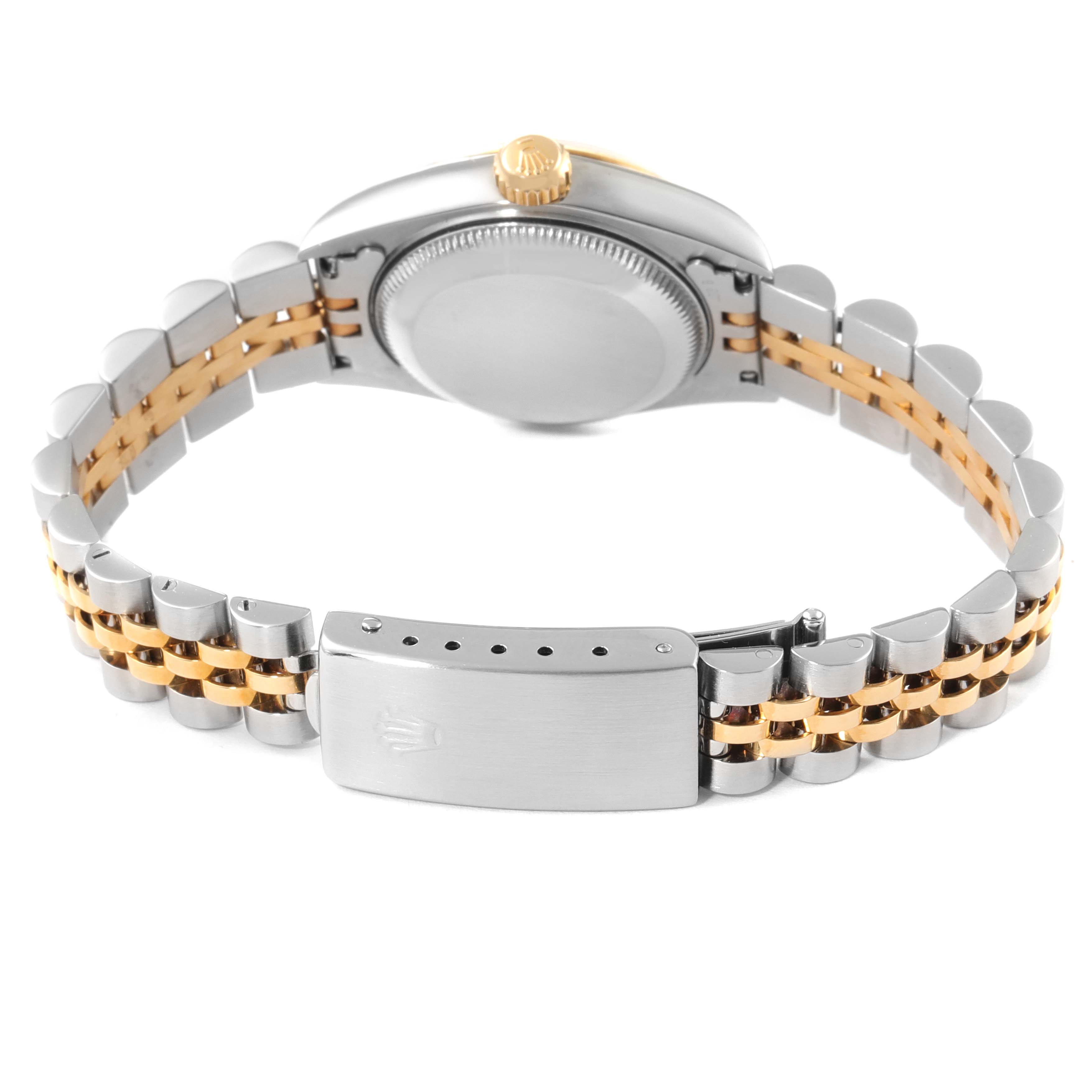 The image shows the back case, crown, and bracelet of the Rolex Datejust 79173 Women
s Steel and Gold (two tone) White Dial 79173 Women
s Steel and Gold (two tone) White Dial watch at an angle.