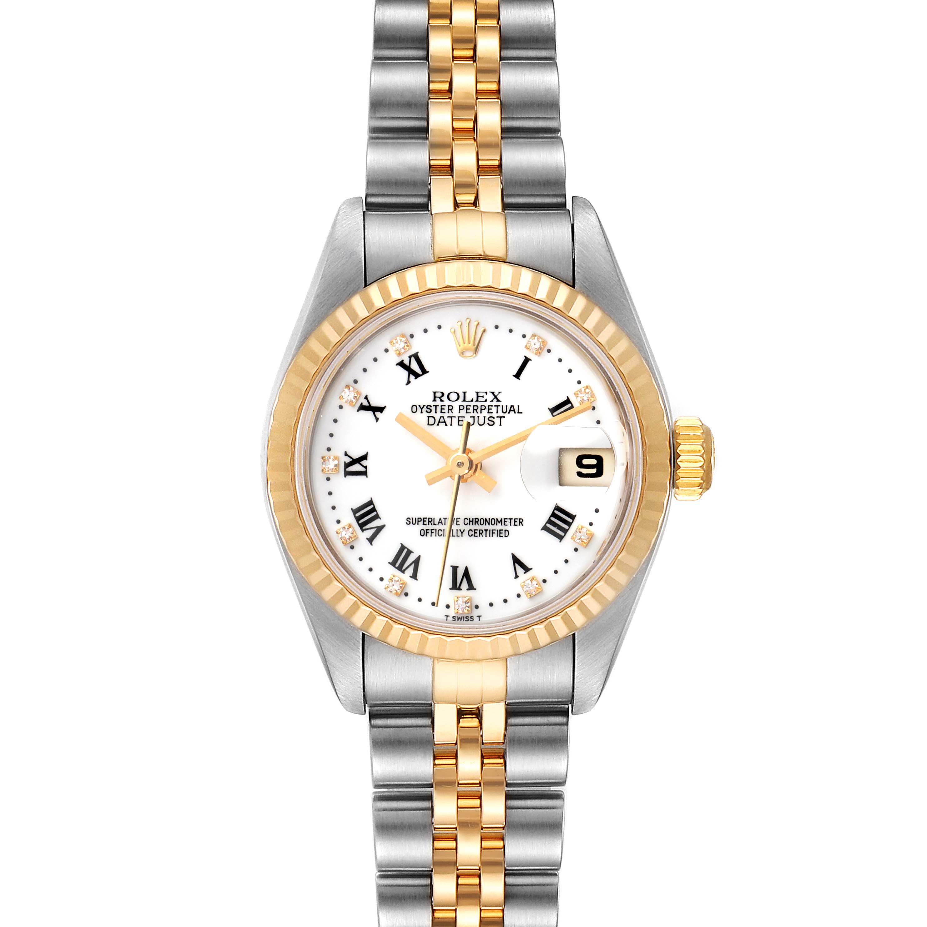 The image shows a frontal view of a Rolex Datejust 79173 Women
s Steel and Gold (two tone) White Dial 79173 Women
s Steel and Gold (two tone) White Dial watch, displaying its dial, bezel, and two-tone bracelet.