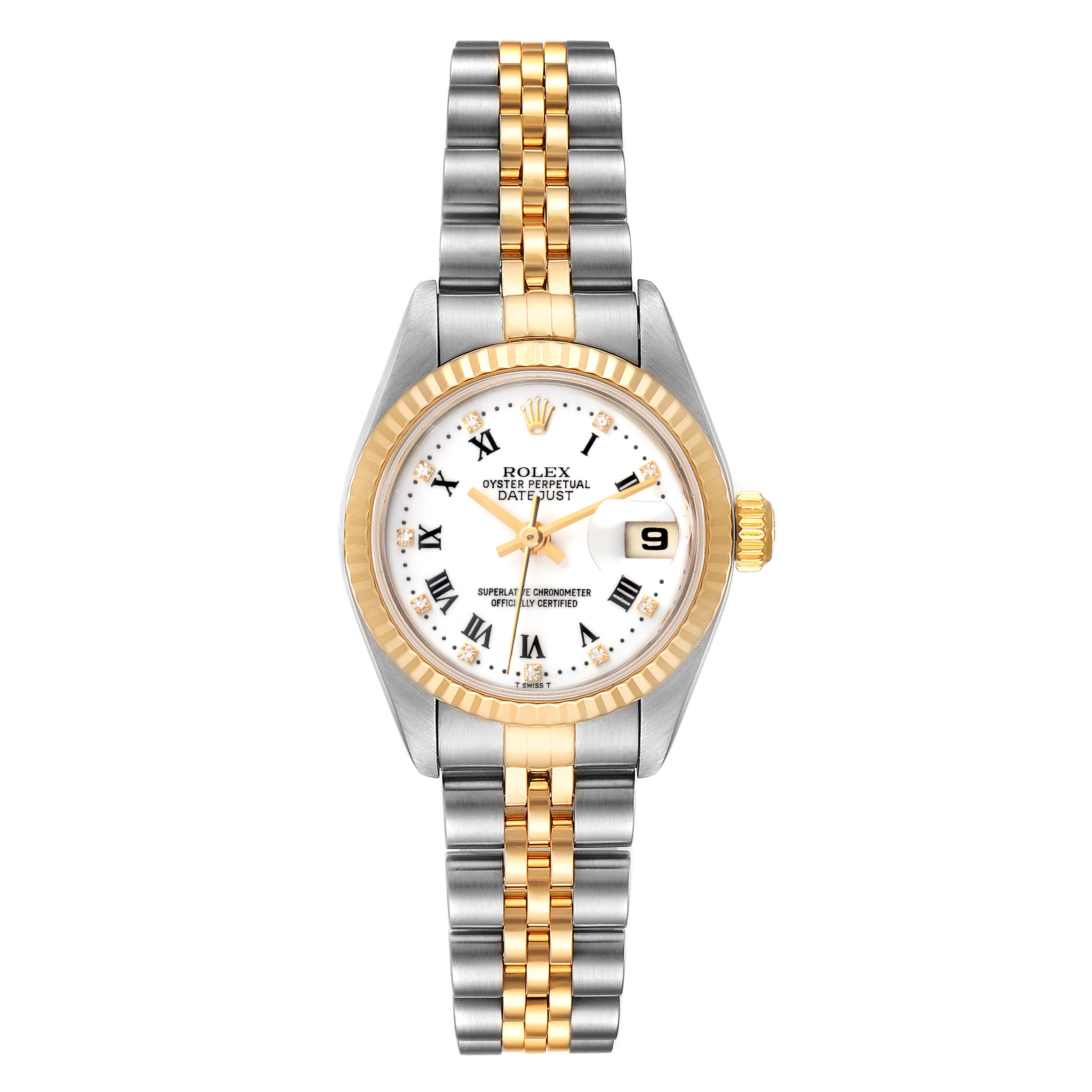 The Rolex Datejust 79173 Women
s Steel and Gold (two tone) White Dial 79173 Women
s Steel and Gold (two tone) White Dial model is shown from a top view, displaying the full watch including the dial, bezel, case, and bracelet.