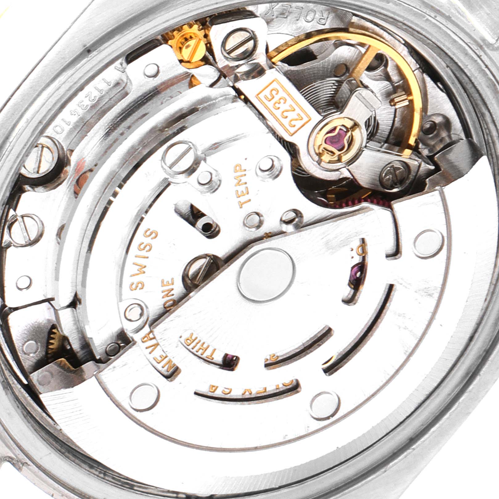 The image shows the exposed internal mechanism of a Rolex Datejust 79173 Women
s Steel and Gold (two tone) White Dial 79173 Women
s Steel and Gold (two tone) White Dial watch, highlighting its intricate movement components.