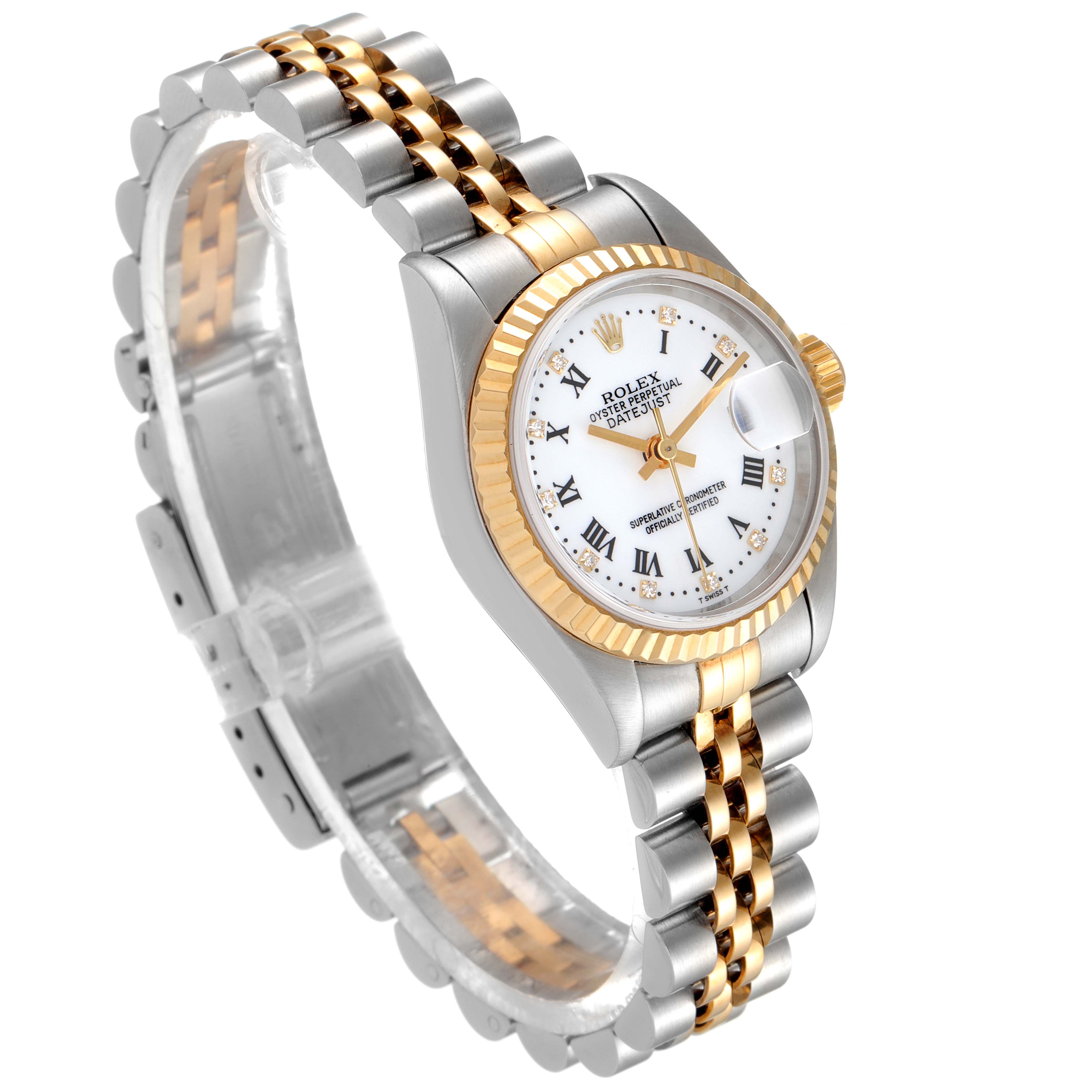 The Rolex Datejust 79173 Women
s Steel and Gold (two tone) White Dial 79173 Women
s Steel and Gold (two tone) White Dial watch is shown at a 3/4 angle, highlighting its white dial, gold fluted bezel, and two-tone bracelet.