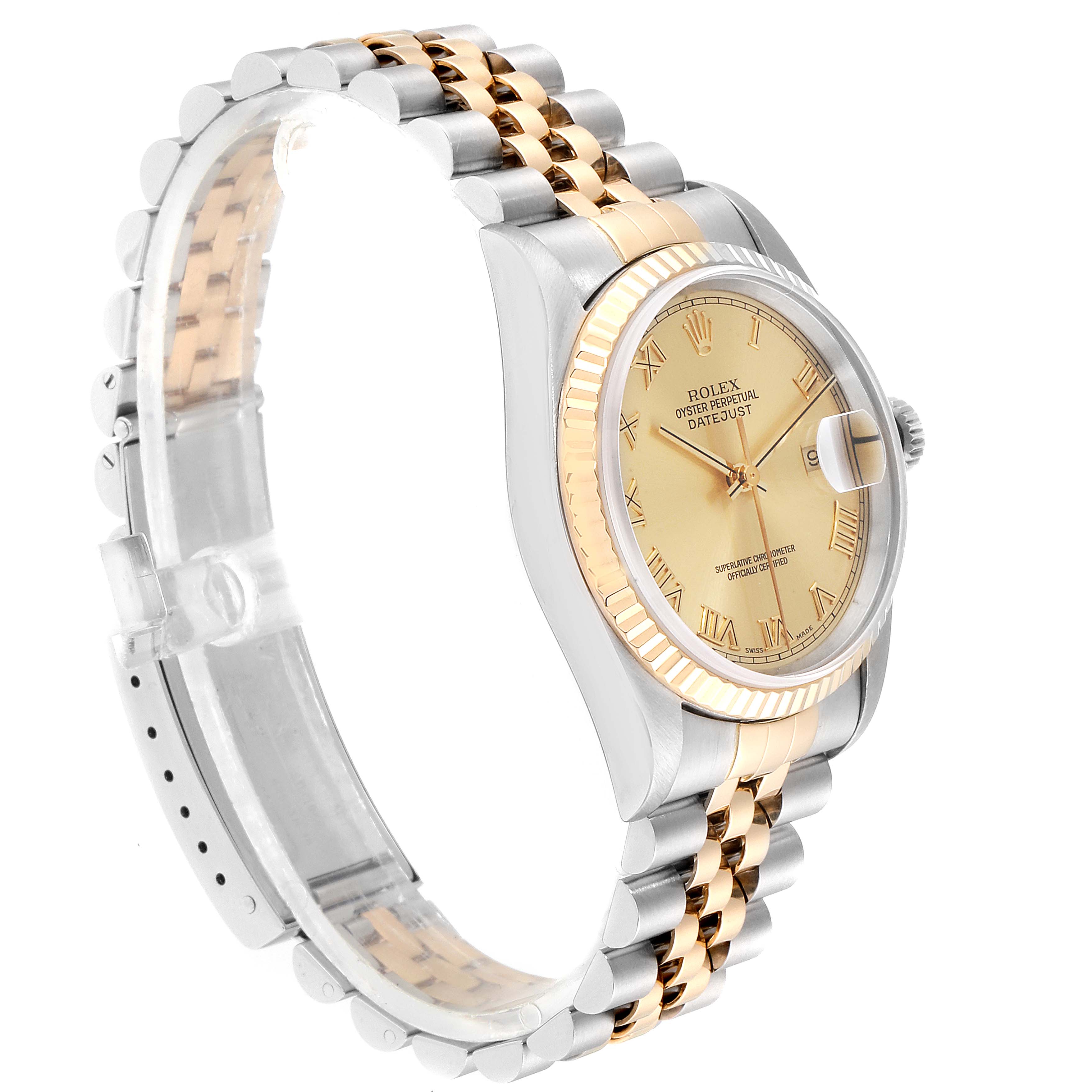 This image shows a side view of a Rolex Datejust 16233 Men's Steel and Gold (two tone) Champagne Dial 16233 Men's Steel and Gold (two tone) Champagne Dial watch, highlighting its champagne dial and two-tone jubilee bracelet.