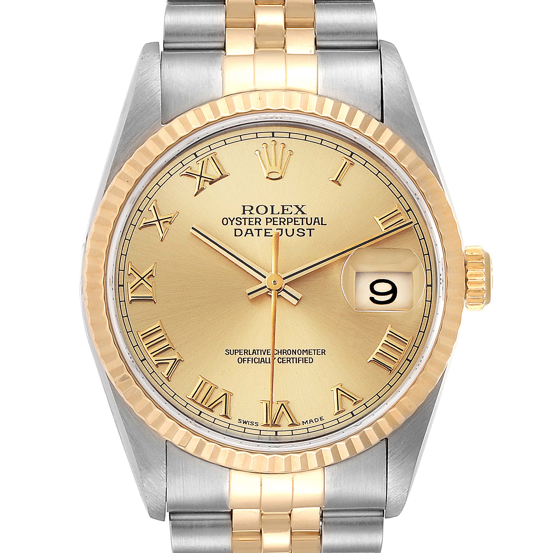 The Rolex Datejust 16233 Men's Steel and Gold (two tone) Champagne Dial 16233 Men's Steel and Gold (two tone) Champagne Dial watch is pictured from a front view, showing the dial, fluted bezel, and a portion of the bracelet.