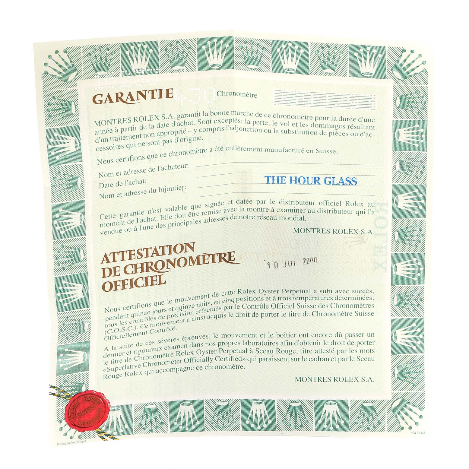 The image shows a certificate of guarantee for a Rolex Datejust 16233 Men's Steel and Gold (two tone) Champagne Dial 16233 Men's Steel and Gold (two tone) Champagne Dial model, outlining warranty and chronometer certification details.