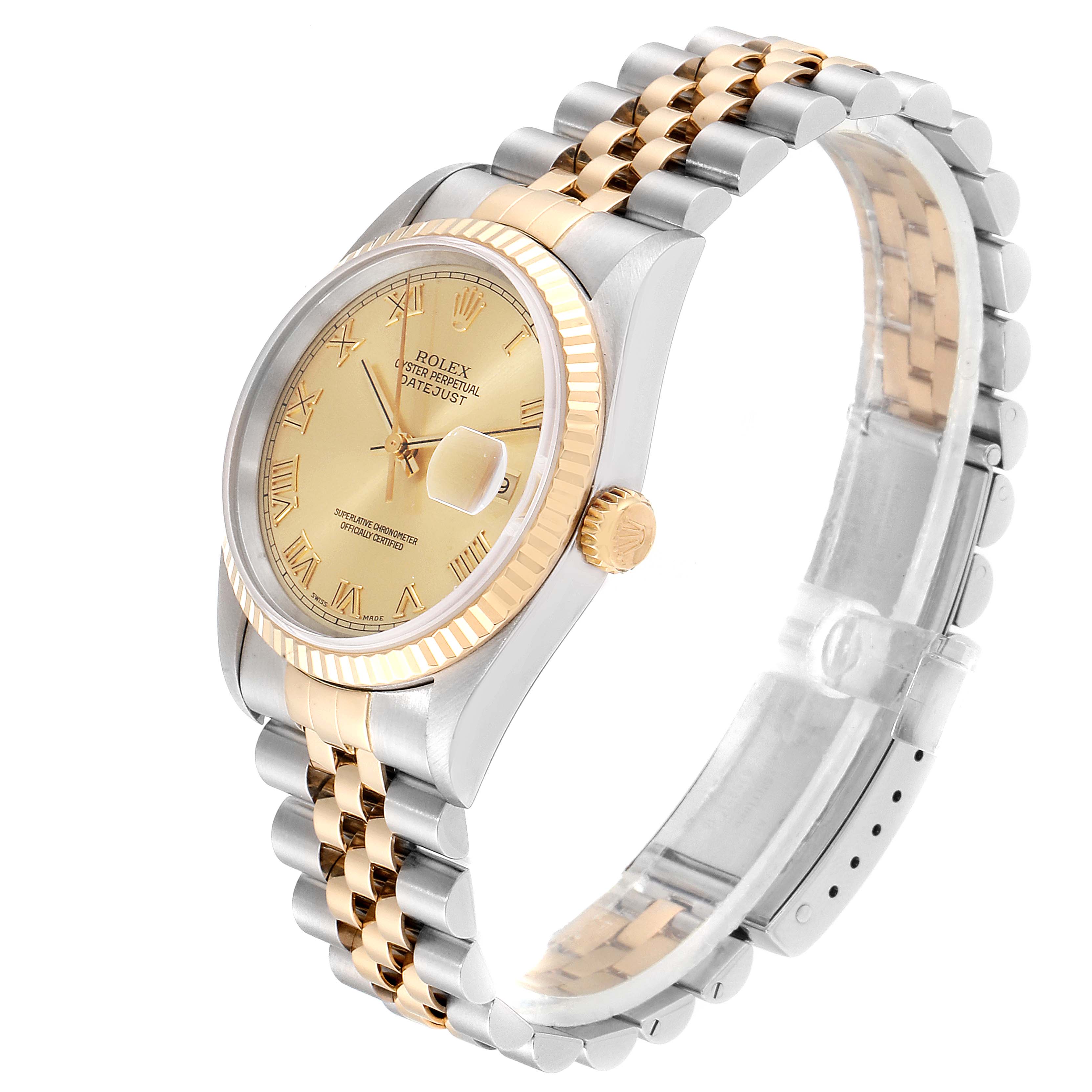 The Rolex Datejust 16233 Men's Steel and Gold (two tone) Champagne Dial 16233 Men's Steel and Gold (two tone) Champagne Dial watch is shown at an angled side view, highlighting the bracelet, crown, and dial.