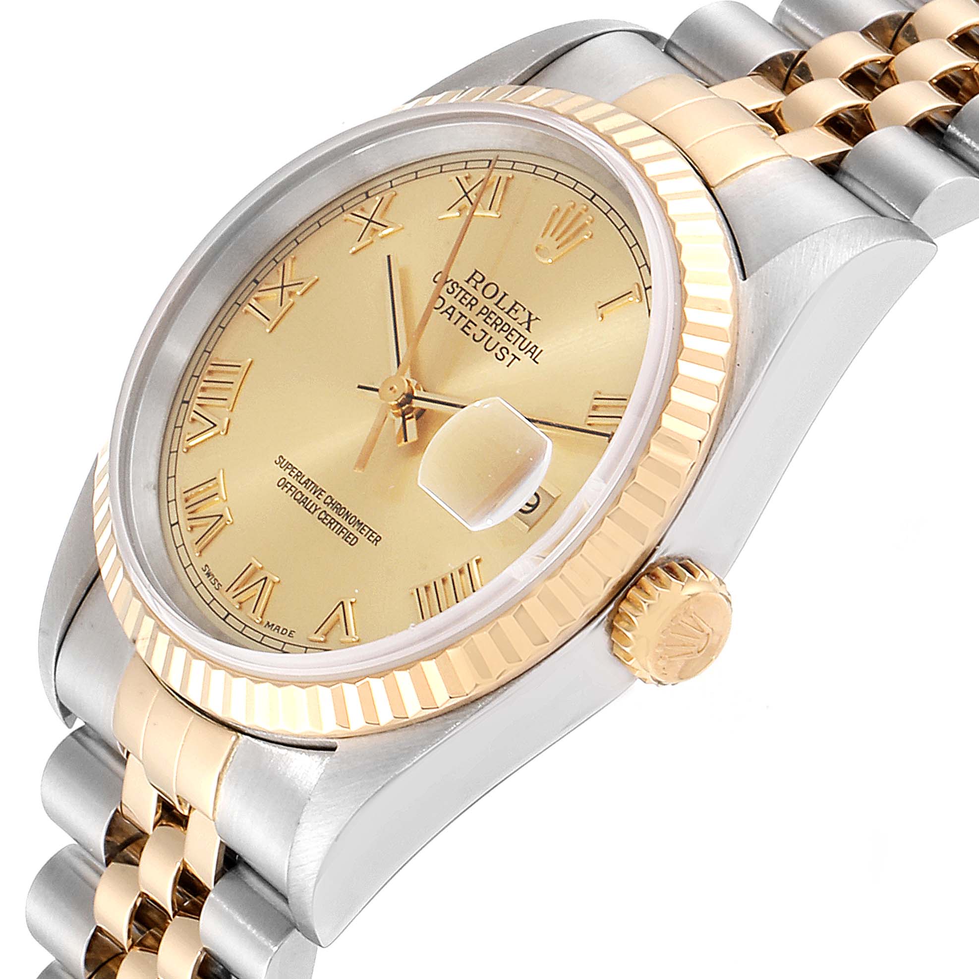 The image shows a side view of the Rolex Datejust 16233 Men's Steel and Gold (two tone) Champagne Dial 16233 Men's Steel and Gold (two tone) Champagne Dial watch, highlighting its gold dial, bezel, crown, and two-tone bracelet.