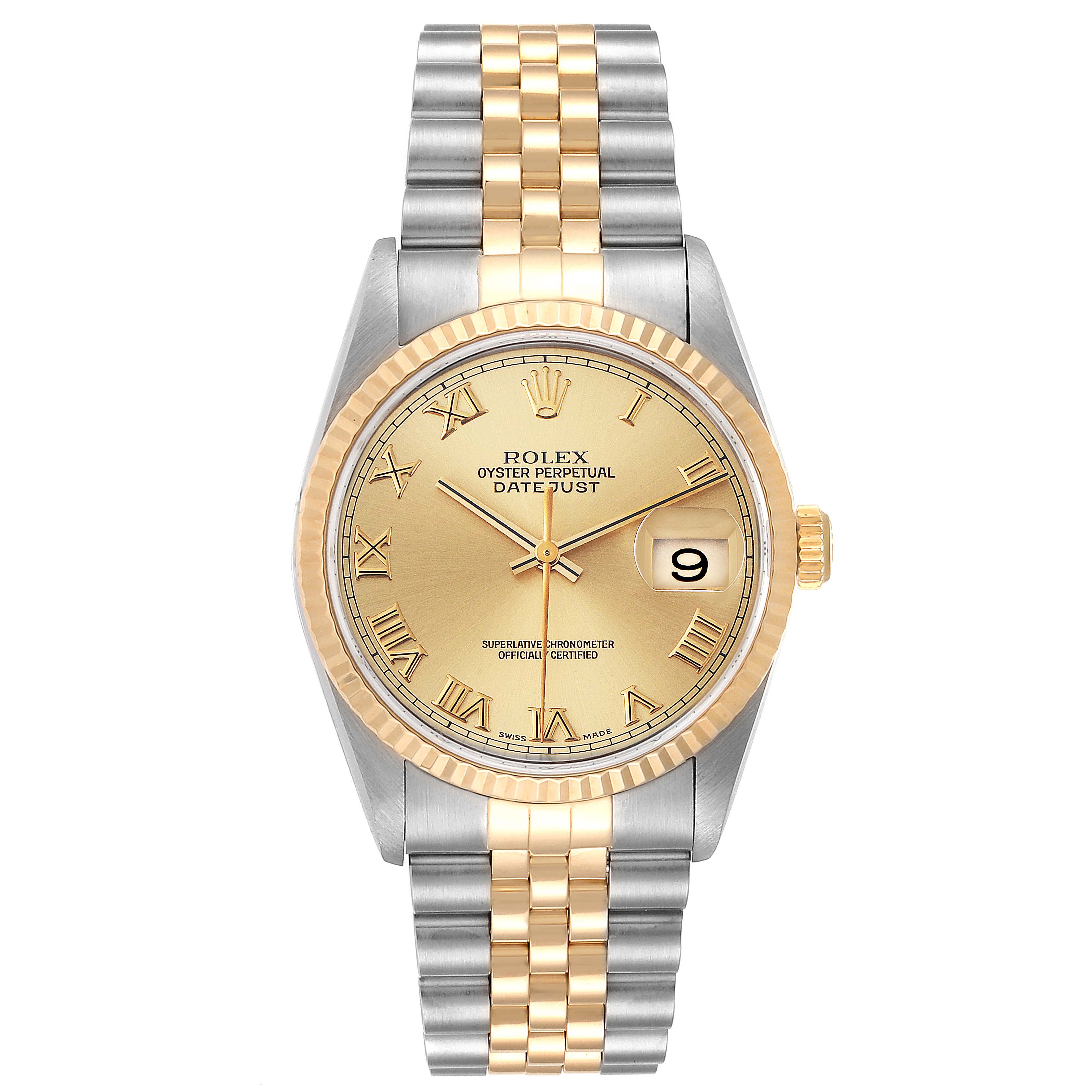 This image shows a front view of a Rolex Datejust 16233 Men's Steel and Gold (two tone) Champagne Dial 16233 Men's Steel and Gold (two tone) Champagne Dial watch with a gold and silver bracelet and a gold dial.