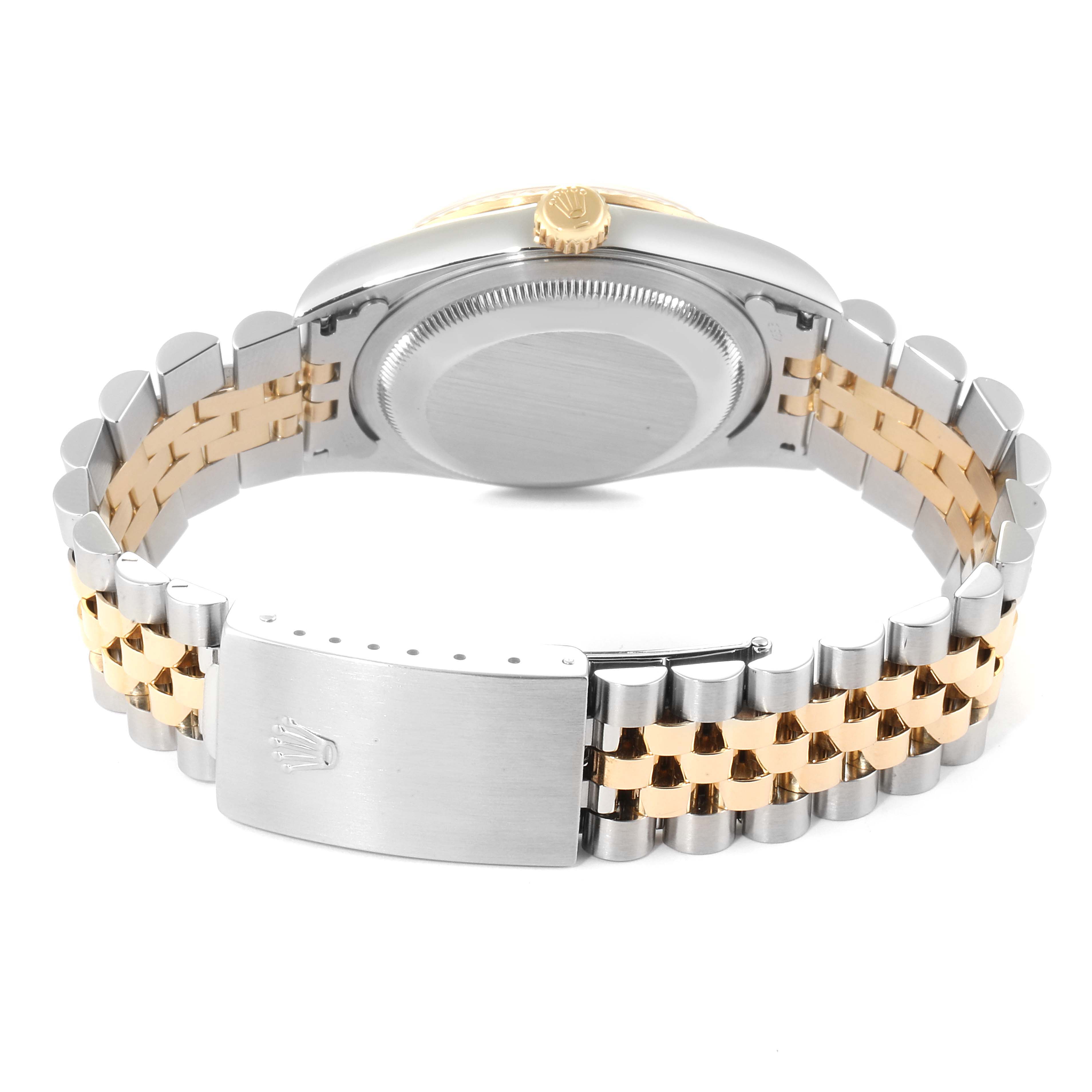 This image shows the back case and two-tone bracelet of the Rolex Datejust 16233 Men's Steel and Gold (two tone) Champagne Dial 16233 Men's Steel and Gold (two tone) Champagne Dial watch, including the clasp with the Rolex logo.